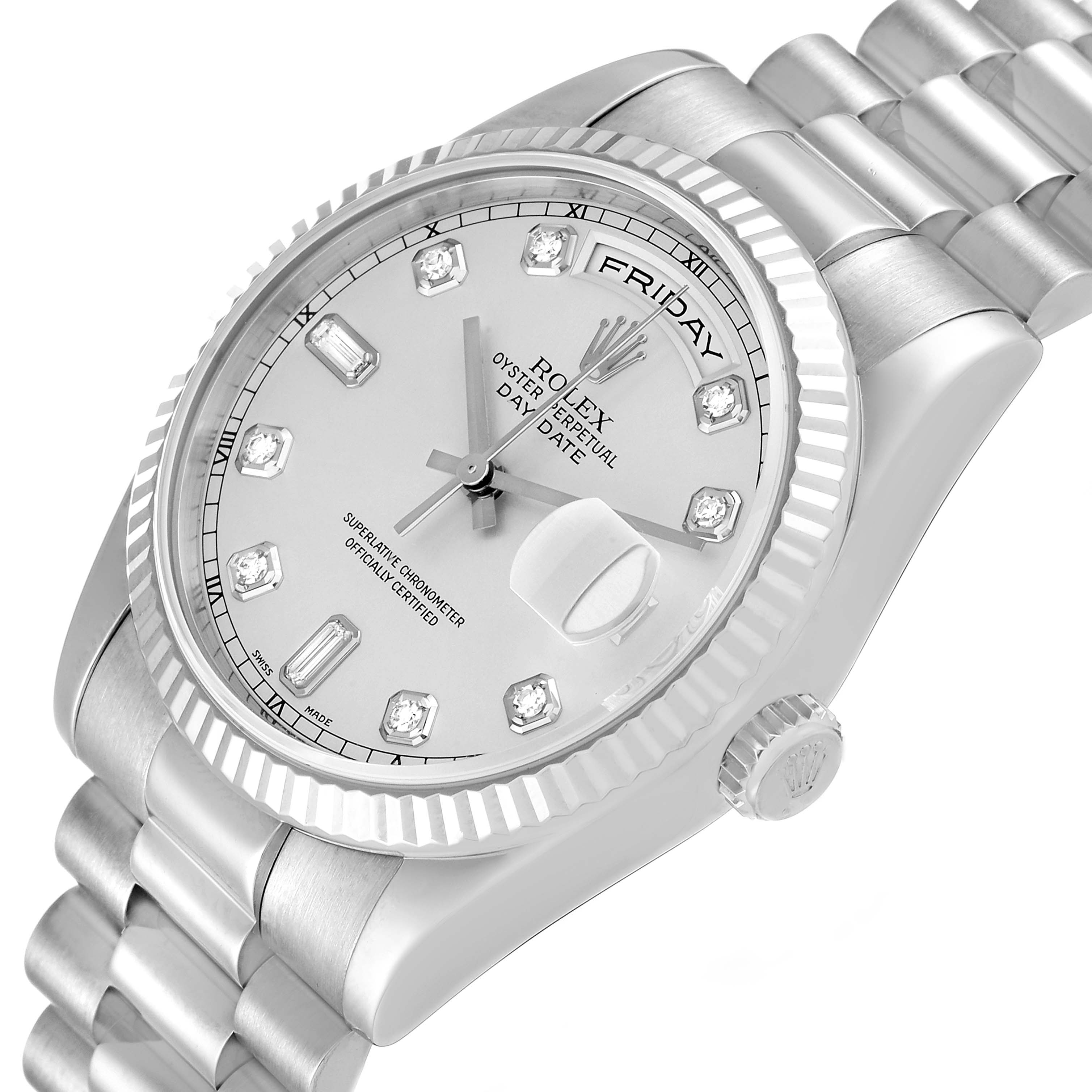 The Rolex President 118239 Men's Stainless Steel Silver Dial 118239 Men's Stainless Steel Silver Dial model is shown at a slight angle, displaying its face, bezel, crown, and part of the bracelet.