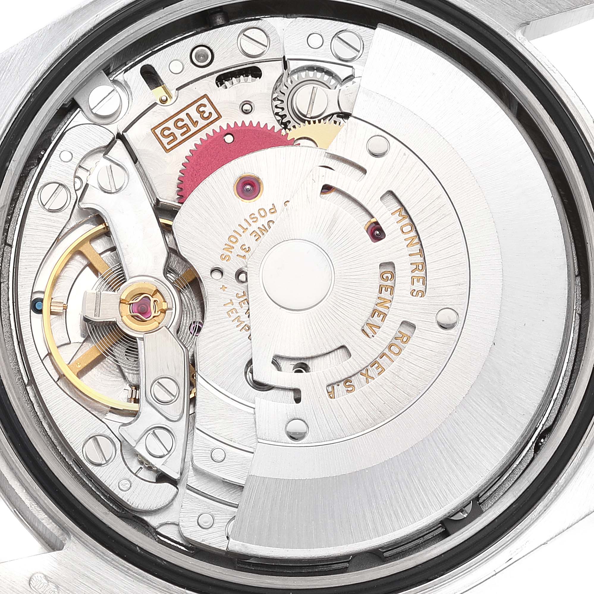 This image shows the inner mechanical movement of a Rolex President 118239 Men's Stainless Steel Silver Dial 118239 Men's Stainless Steel Silver Dial model watch from a backcase angle.