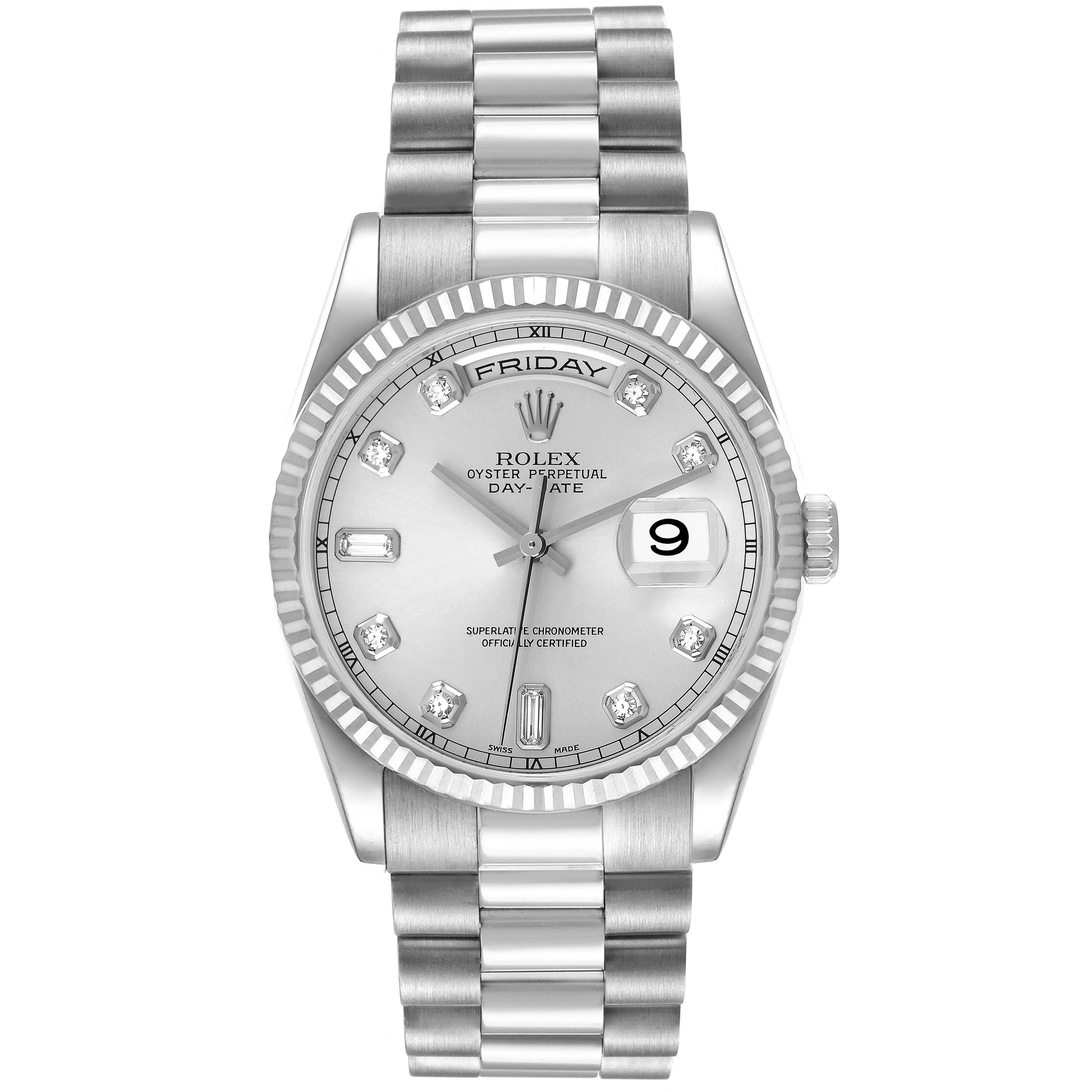 The image shows a front view of the Rolex President 118239 Men's Stainless Steel Silver Dial 118239 Men's Stainless Steel Silver Dial model, highlighting the watch face, bezel, bracelet, and day/date display.
