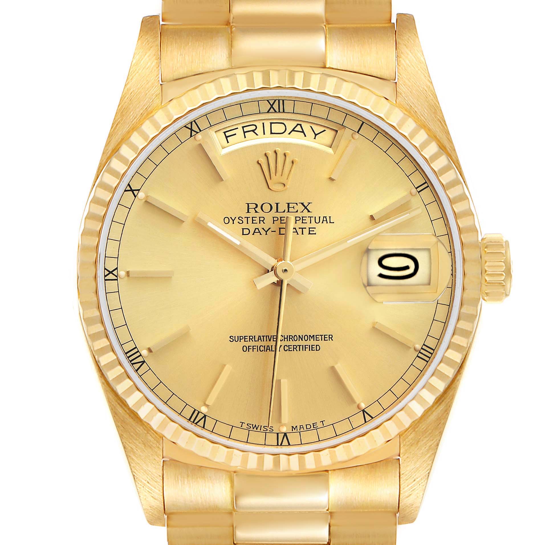 The Rolex President 18038 Men's Yellow Gold Champagne Dial watch is shown from a front angle, highlighting its gold dial, fluted bezel, and day-date features.