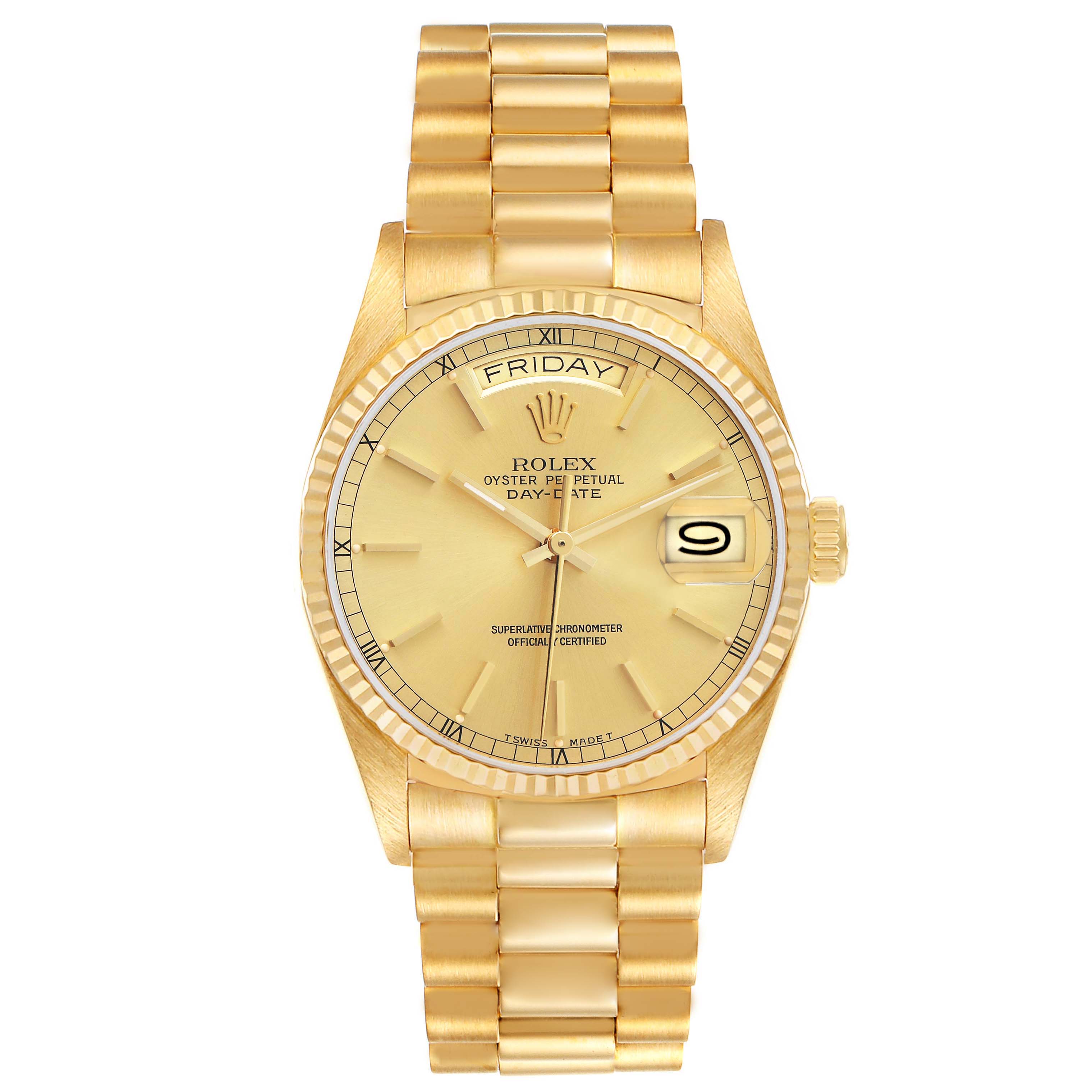 The Rolex President 18038 Men's Yellow Gold Champagne Dial model is shown from the front, displaying the dial, bracelet, and crown.
