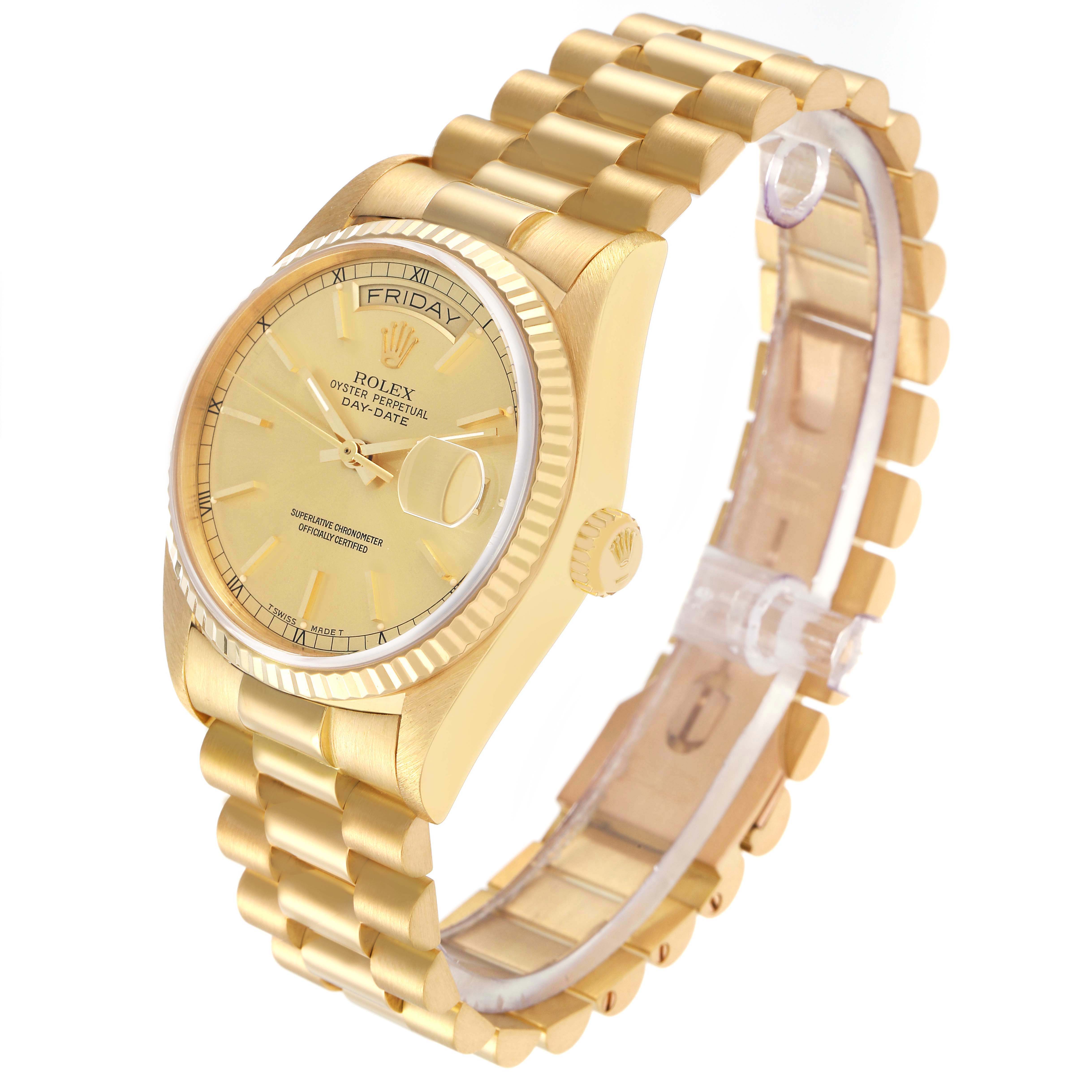 The Rolex President 18038 Men's Yellow Gold Champagne Dial watch is shown at a three-quarter angle, highlighting the bracelet, dial, and bezel.