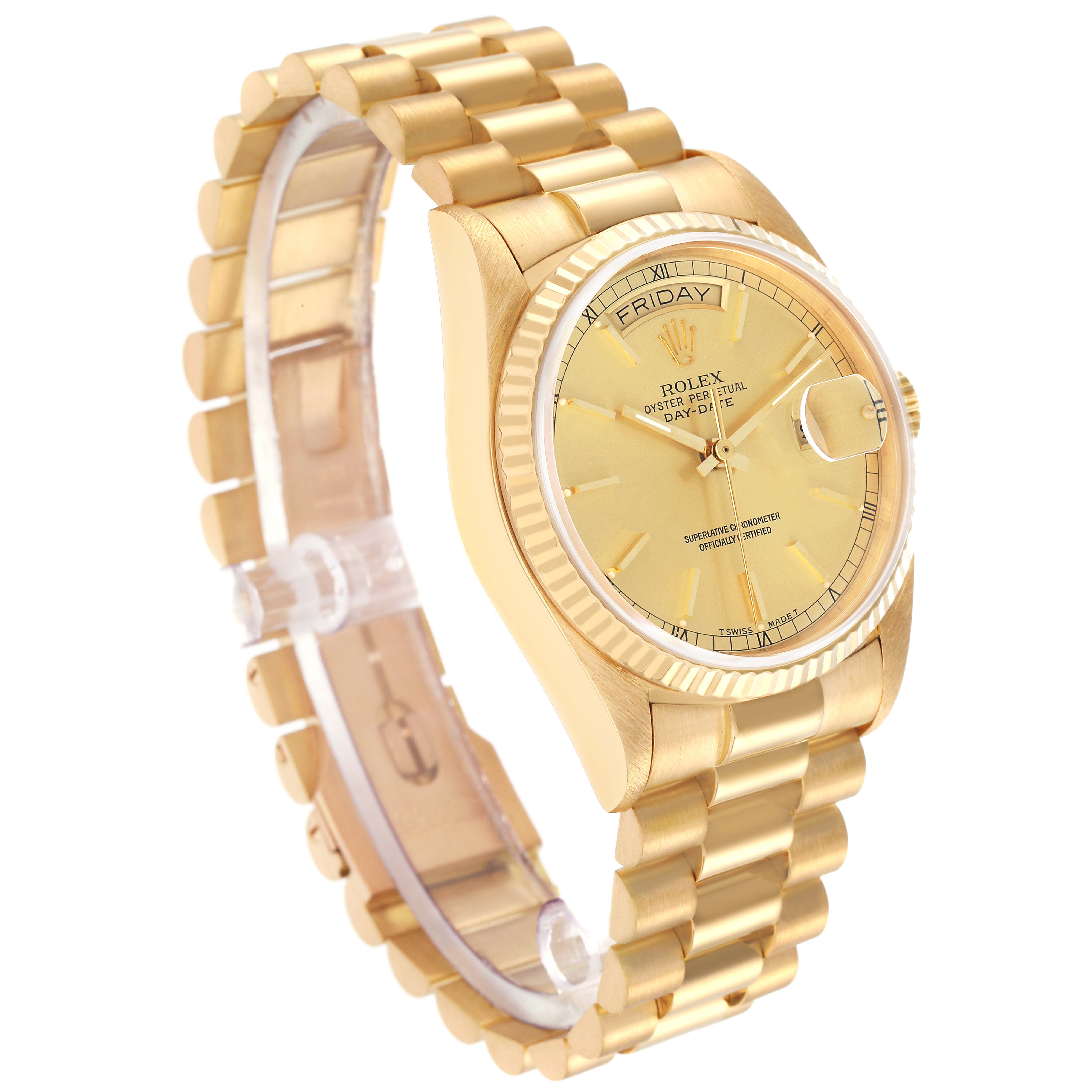 The Rolex President 18038 Men's Yellow Gold Champagne Dial model is shown at a three-quarter angle, displaying the dial, bezel, and part of the bracelet.