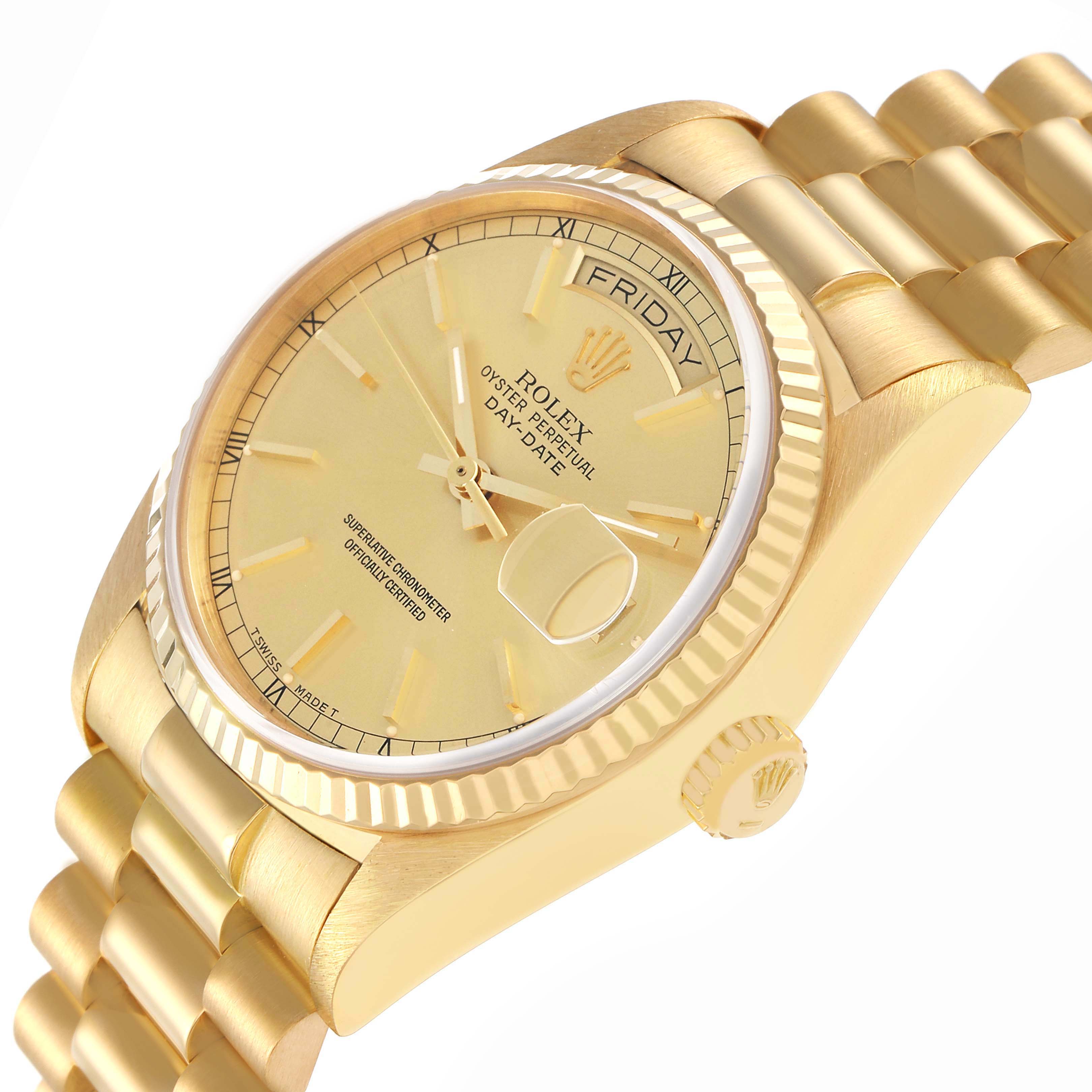 The Rolex President 18038 Men's Yellow Gold Champagne Dial model watch is shown from an angled perspective, highlighting the face and bracelet.