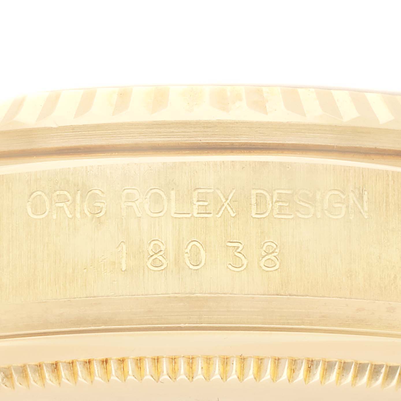 The image shows the side profile of a Rolex President 18038 Men's Yellow Gold Champagne Dial watch, highlighting the engraved model number and design details.