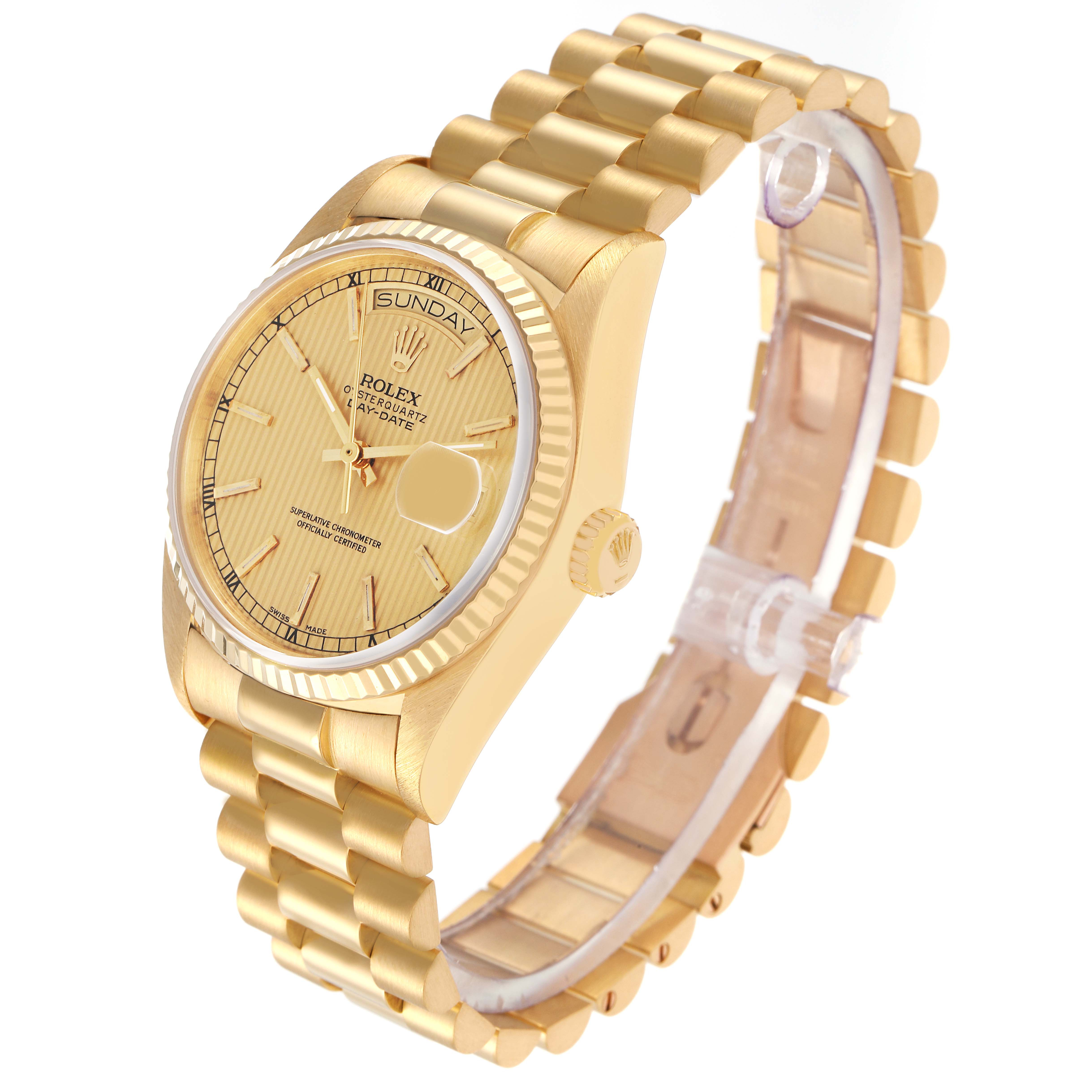 The Rolex President model 18038 men
s watch is shown at an angled side view, displaying the face, bezel, crown, and part of the bracelet.