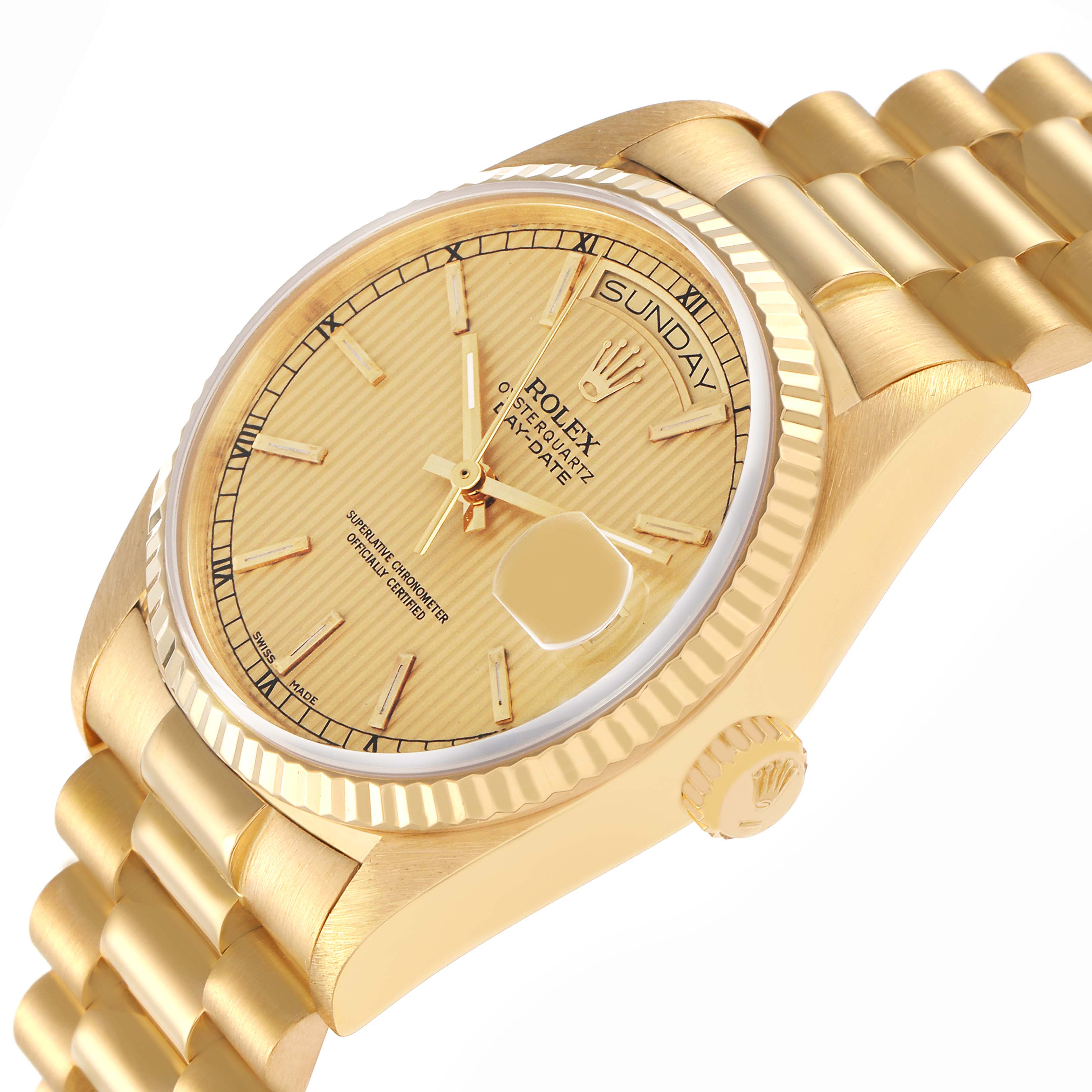 The image shows a Rolex President model 18038 men
s watch at a slight angle, featuring the dial, fluted bezel, day-date display, and part of the bracelet.