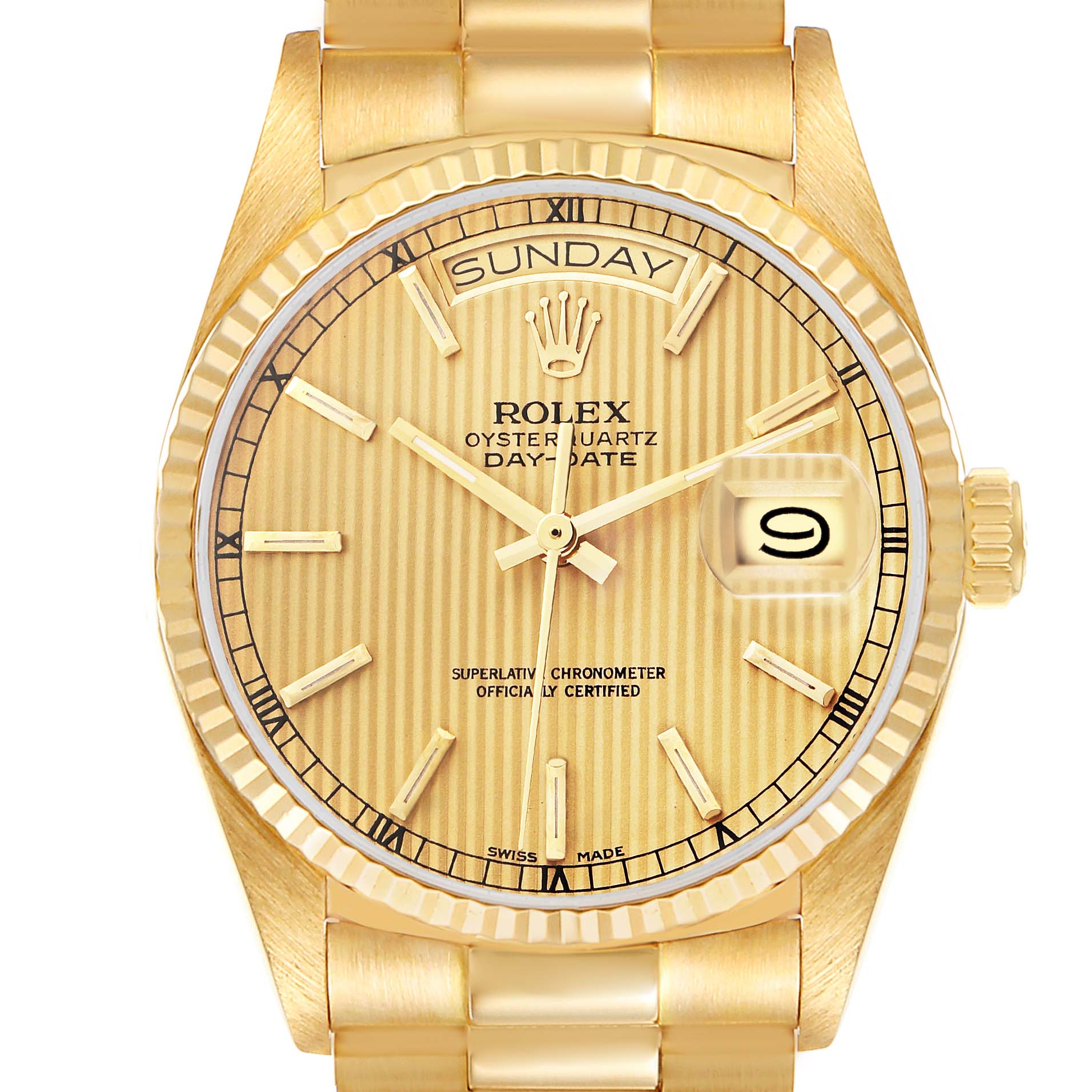 The Rolex President model 18038 men
s watch is shown from the front, displaying its dial, bezel, bracelet, day, and date features.