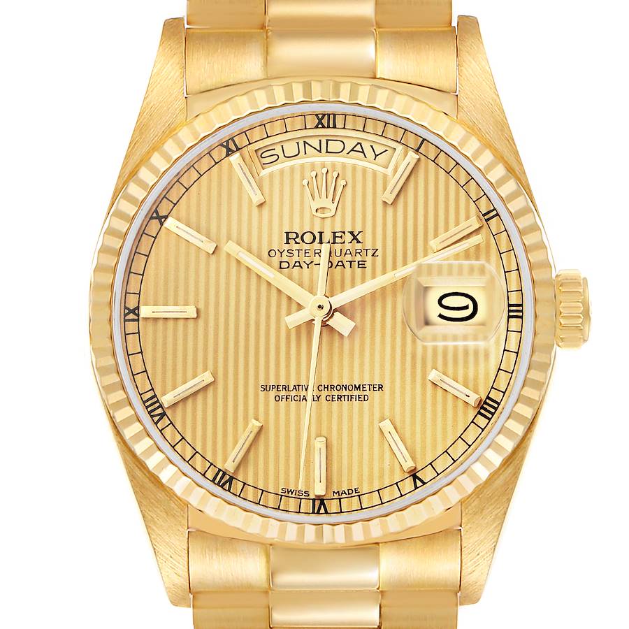 The Rolex President model 18038 men's watch is shown from the front, displaying its dial, bezel, bracelet, day, and date features.