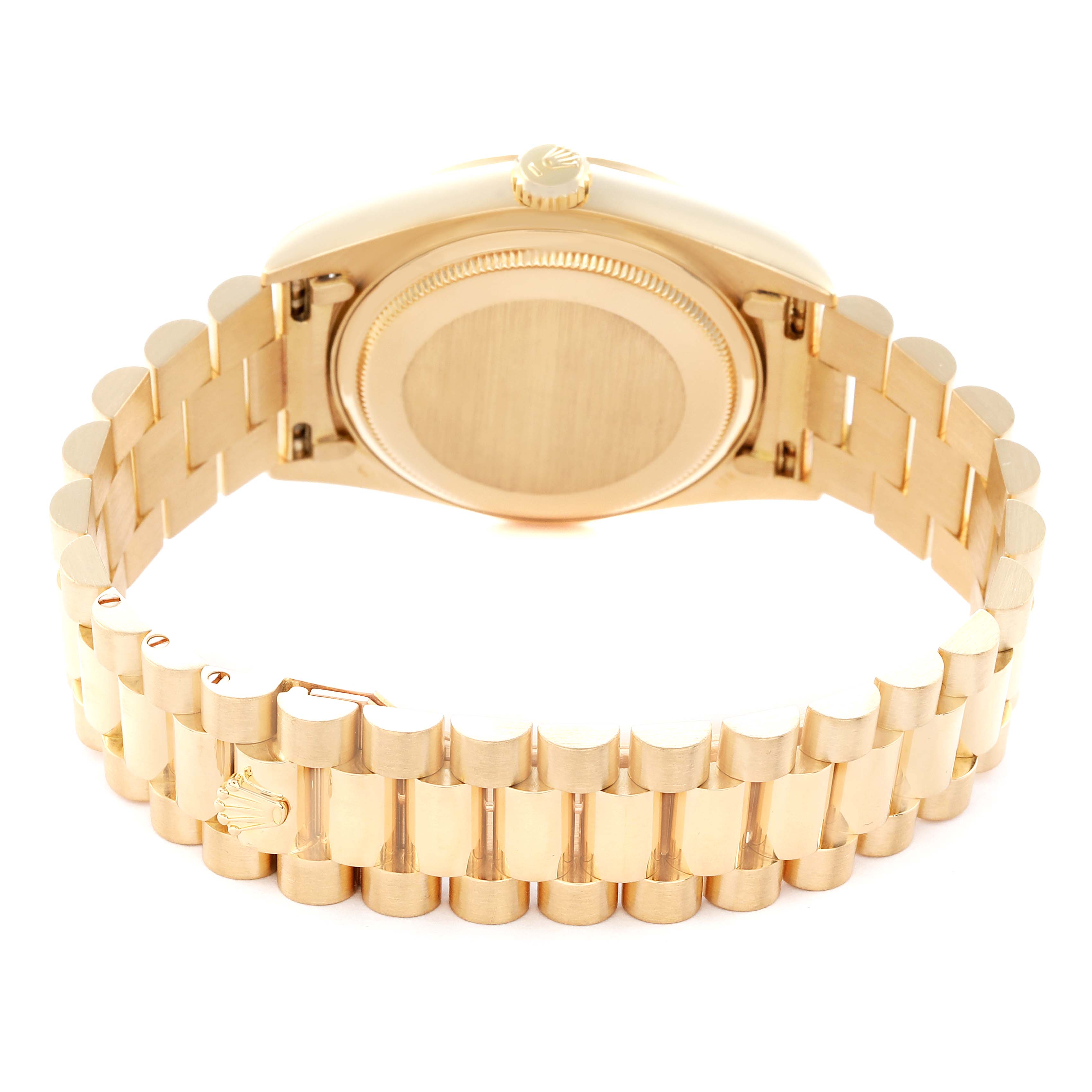The image shows the back and bracelet of a Rolex President model watch, model number 18038, highlighting the clasp, rear case, and link design in a gold finish.