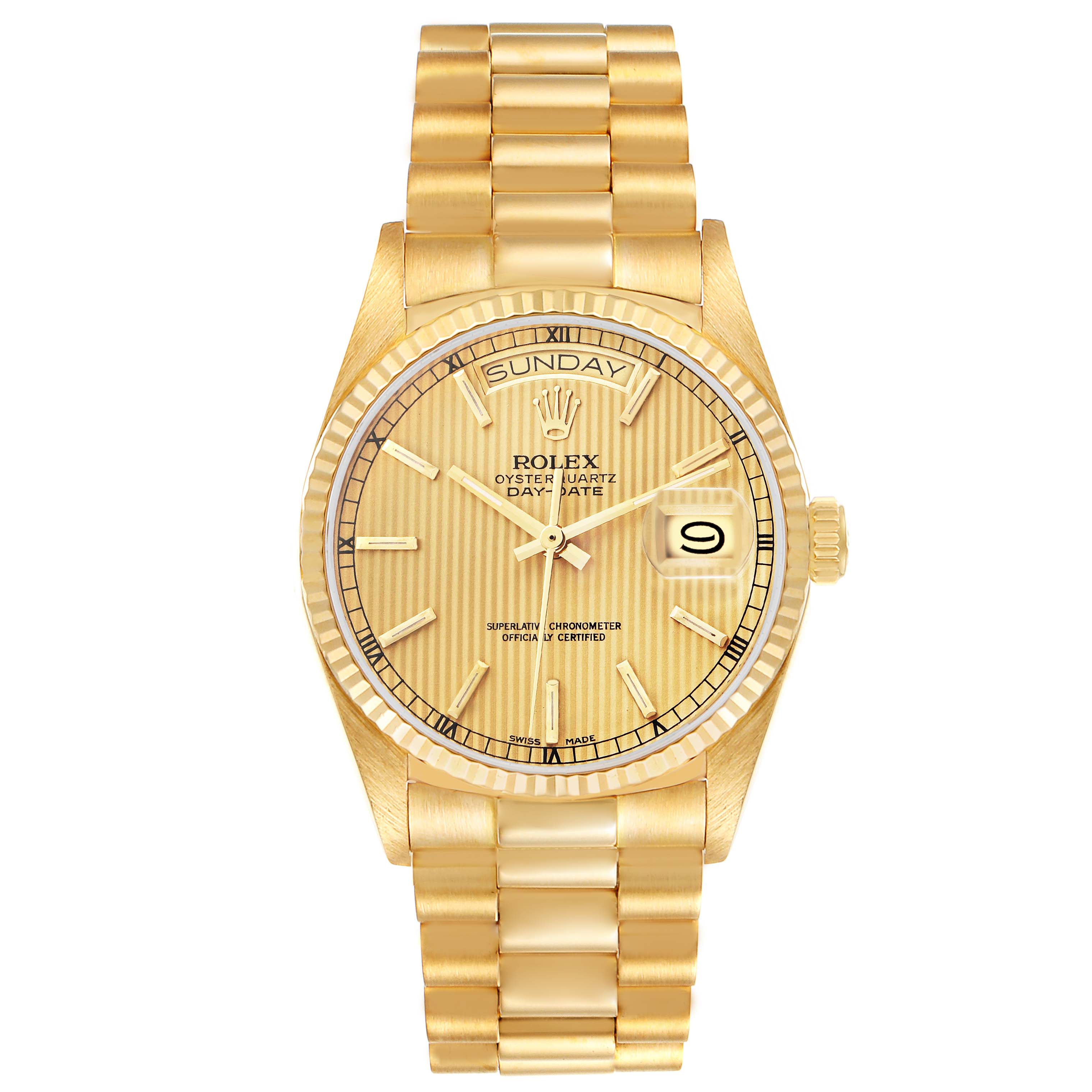 The Rolex President model 18038 watch is shown from a frontal angle, displaying the dial, day-date feature, bezel, and the beginning of the bracelet.