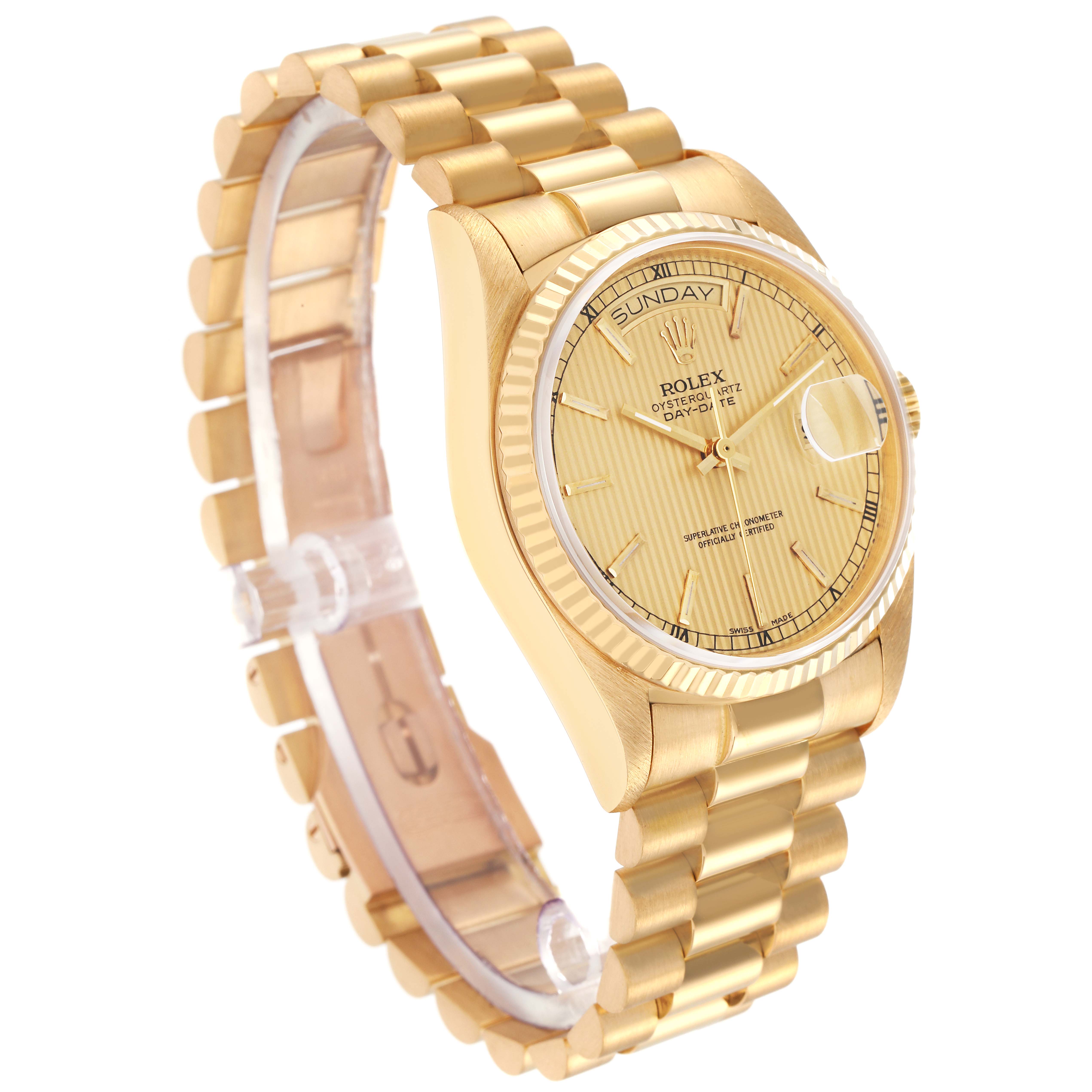 The image shows a Rolex President model 18038 men
s watch at a three-quarter angle, highlighting the gold case, fluted bezel, dial, and bracelet.