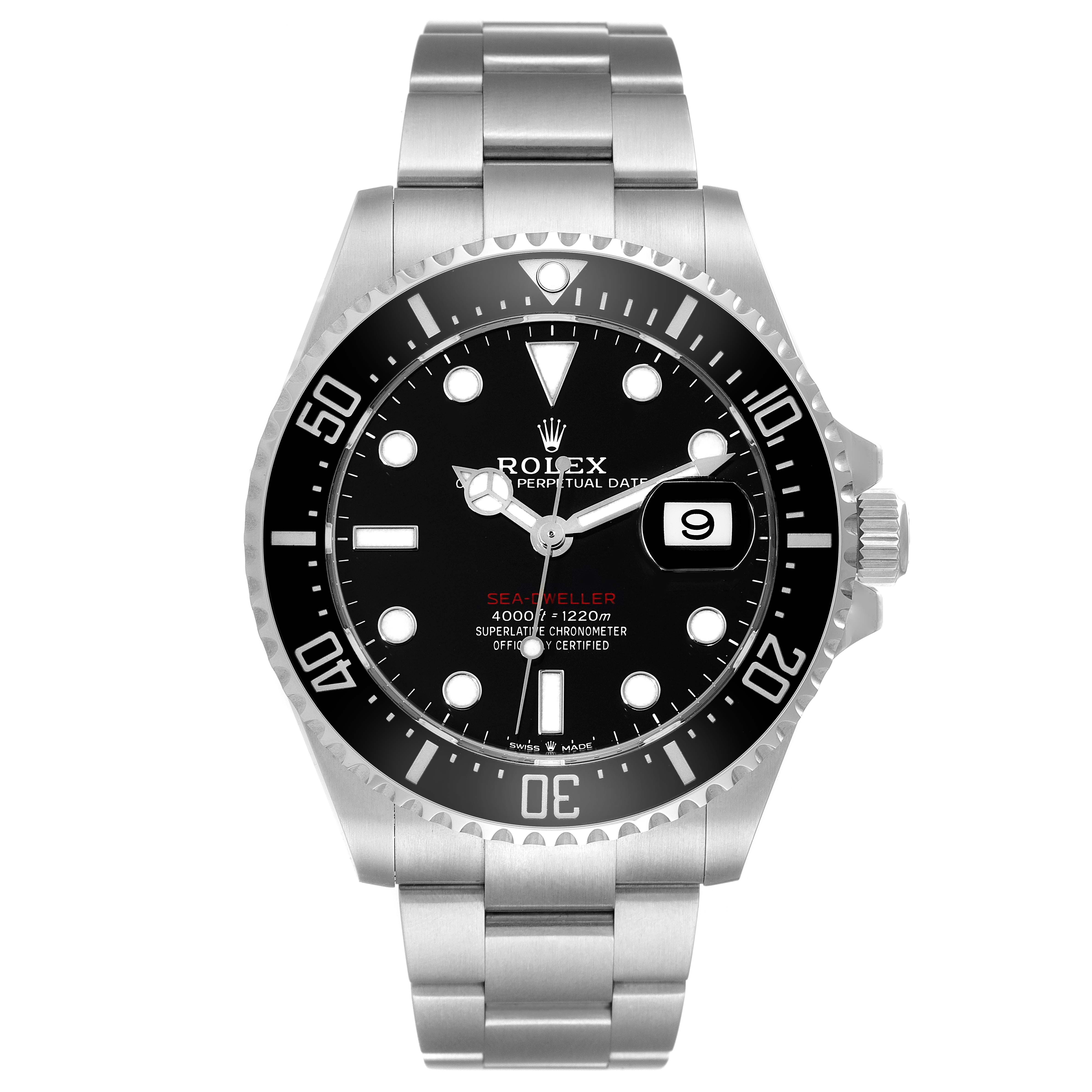 The image shows a front view of a Rolex Sea-Dweller 126600 Men
s Stainless Steel Black Dial 126600 Men
s Stainless Steel Black Dial watch, highlighting its bezel, dial, hands, and bracelet.