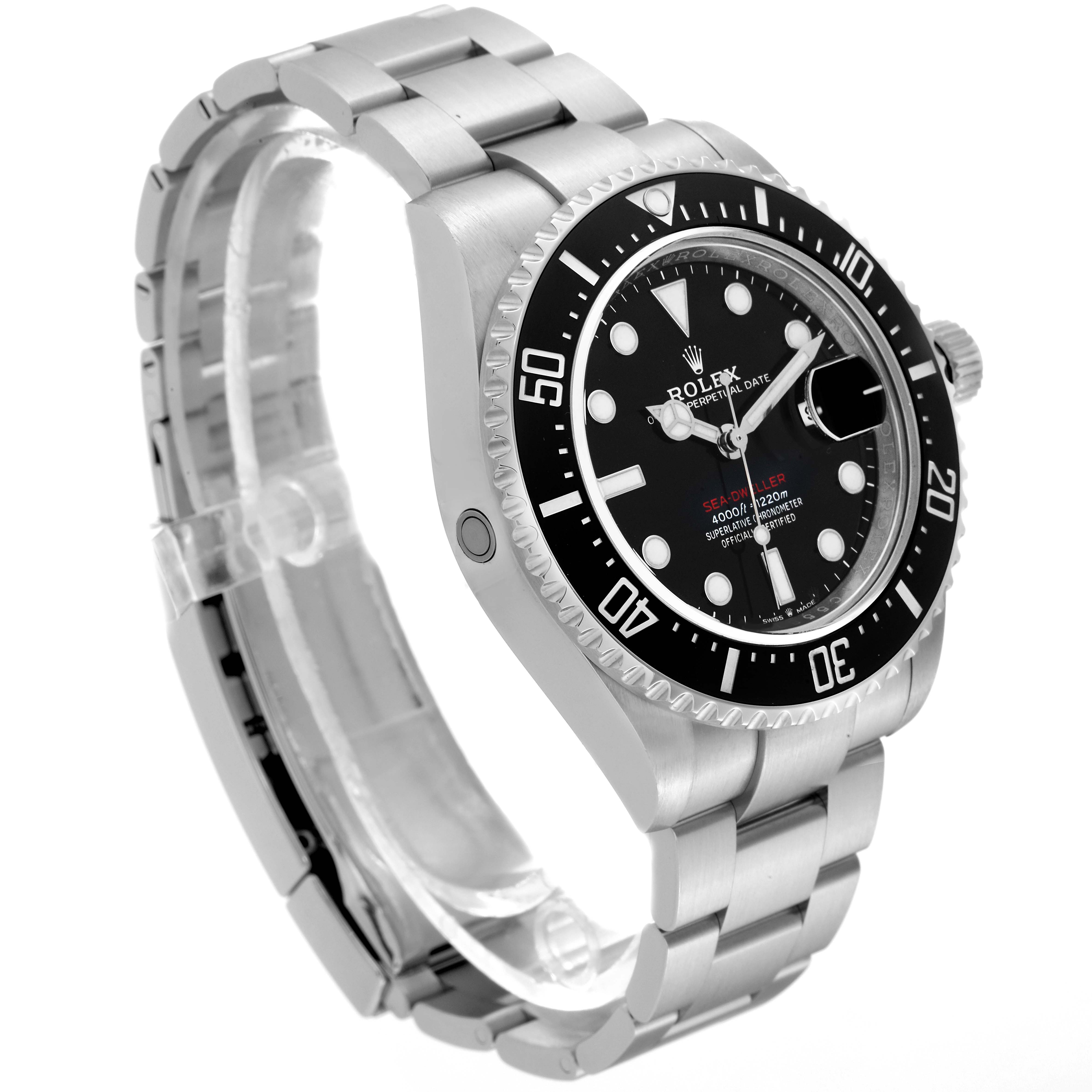 The Rolex Sea-Dweller 126600 Men
s Stainless Steel Black Dial 126600 Men
s Stainless Steel Black Dial watch is shown at a three-quarter angle, displaying its bracelet, bezel, crown, and dial.