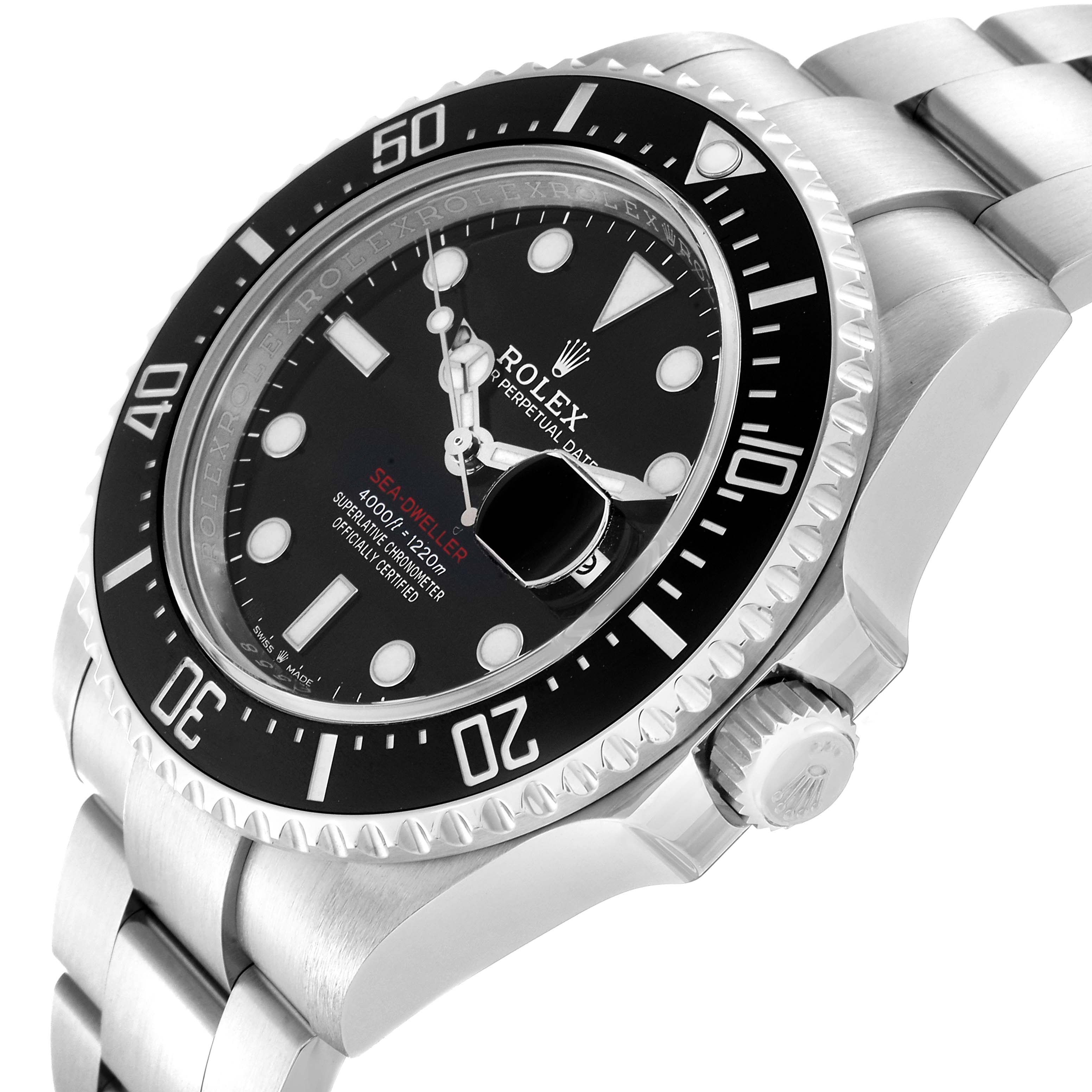 This image of a Rolex Sea-Dweller 126600 Men
s Stainless Steel Black Dial 126600 Men
s Stainless Steel Black Dial watch shows the face, bezel, crown, and part of the bracelet at an angled side view.