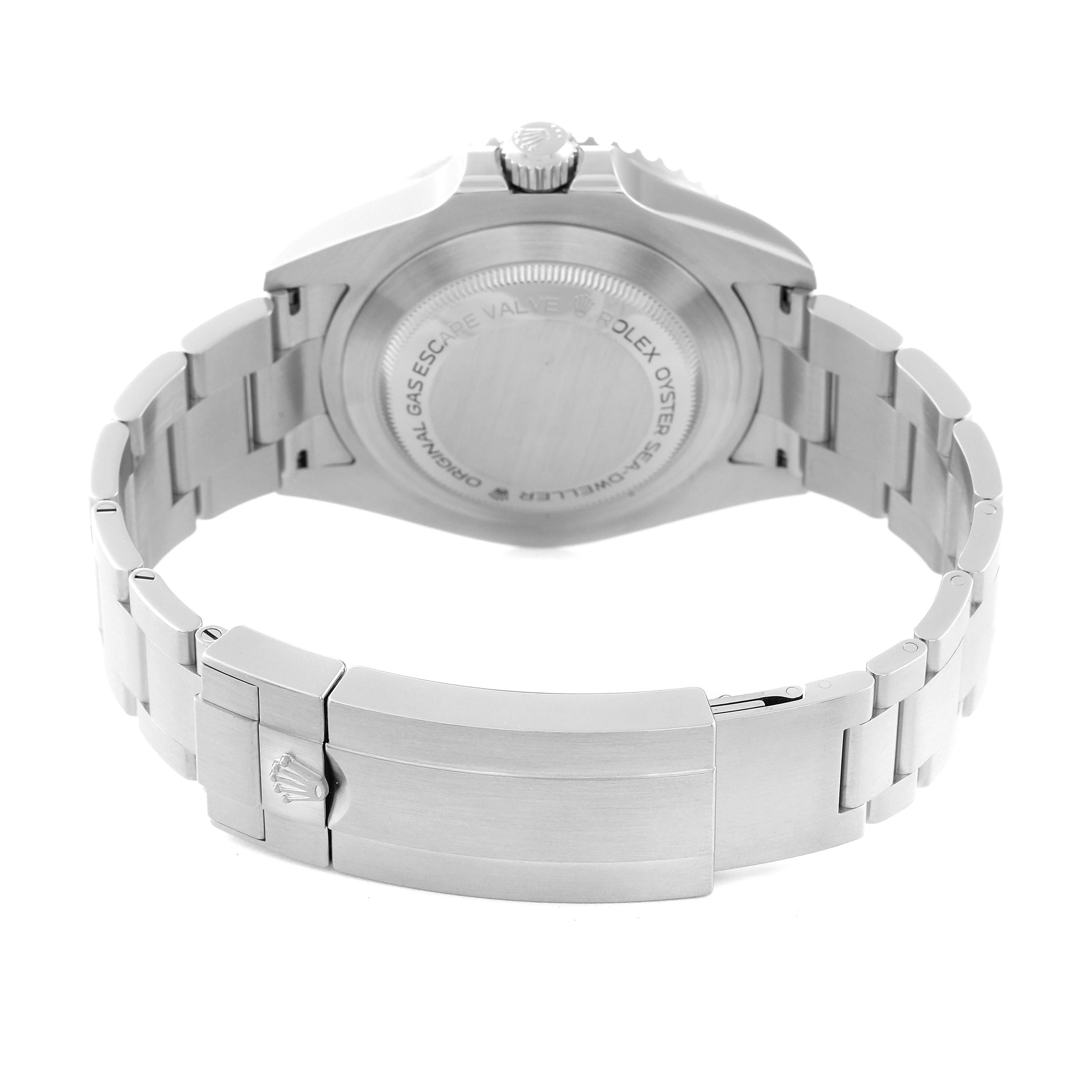 This image shows the back view of a Rolex Sea-Dweller 126600 Men
s Stainless Steel Black Dial 126600 Men
s Stainless Steel Black Dial watch, featuring its closed clasp and case back.