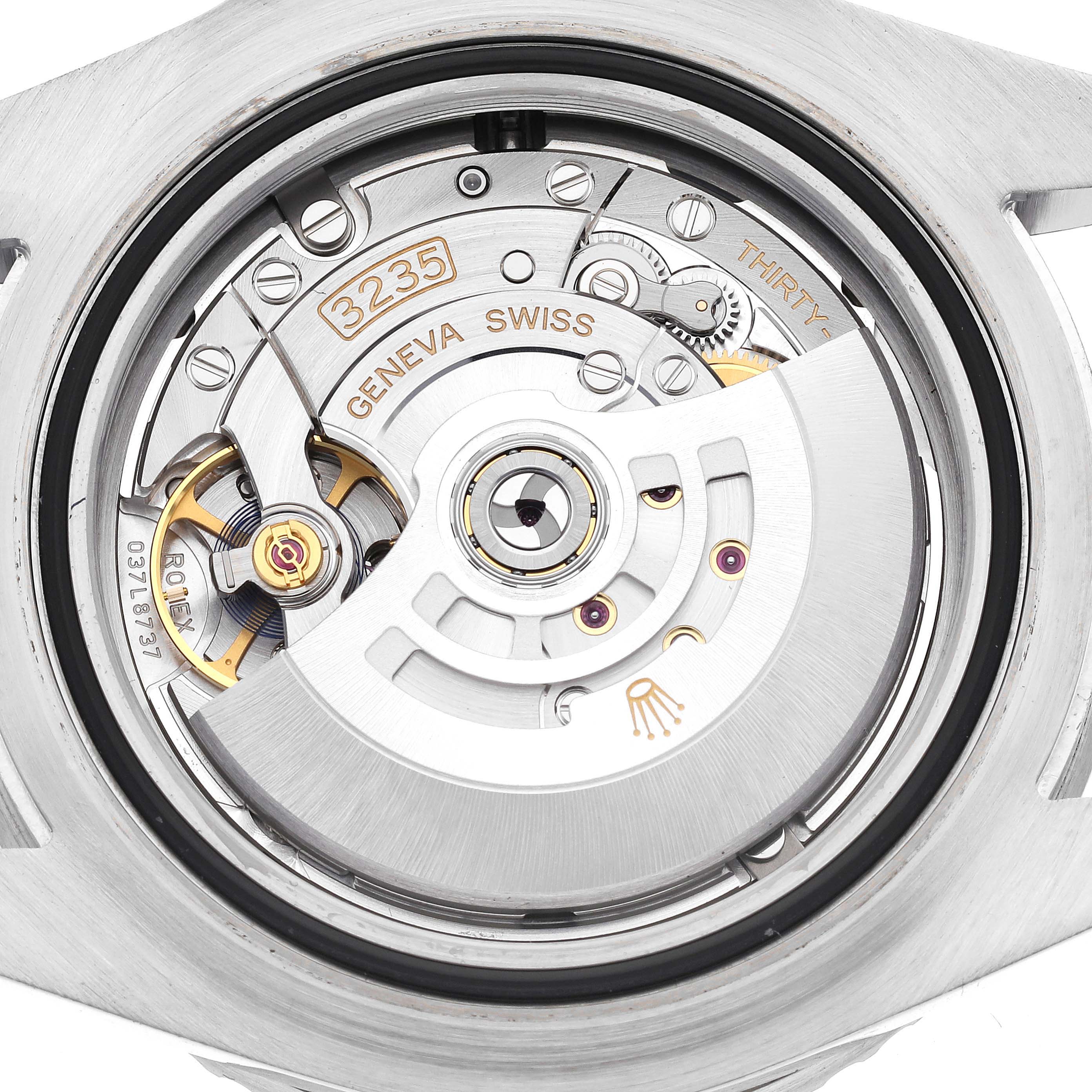 The image shows the back view of the Rolex Sea-Dweller 126600 Men
s Stainless Steel Black Dial 126600 Men
s Stainless Steel Black Dial watch, featuring its 3235 movement and internal mechanical parts.