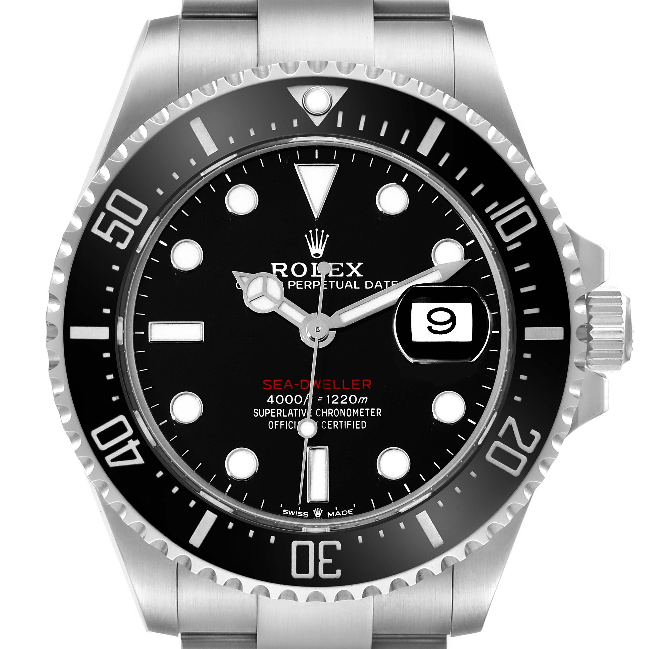 This is a front view of the Rolex Sea-Dweller 126600 Men
s Stainless Steel Black Dial 126600 Men
s Stainless Steel Black Dial watch displaying its dial, bezel, and bracelet.