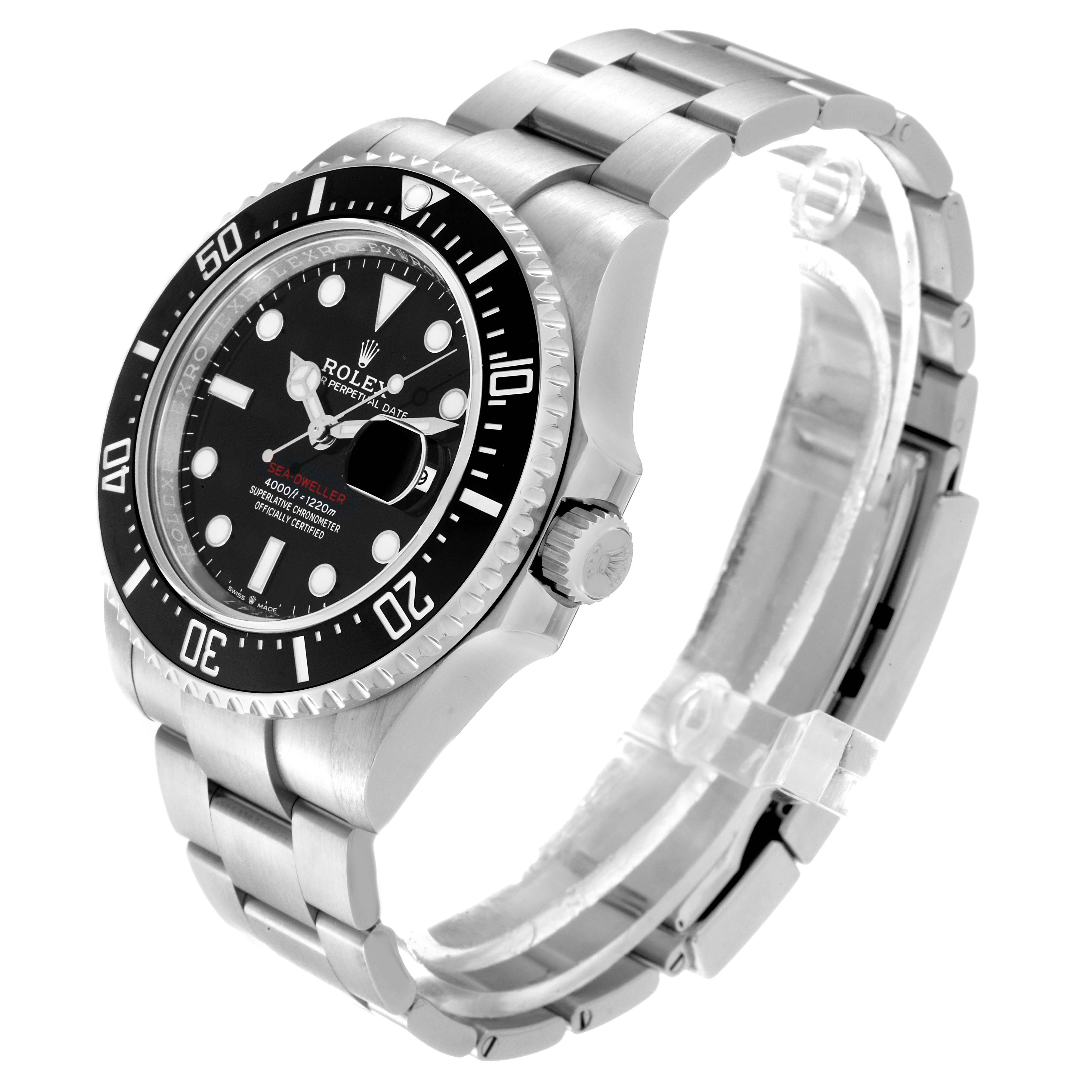 The image shows a stainless steel Rolex Sea-Dweller 126600 Men
s Stainless Steel Black Dial 126600 Men
s Stainless Steel Black Dial watch at a 3/4 angle, highlighting its bracelet, bezel, and crown.