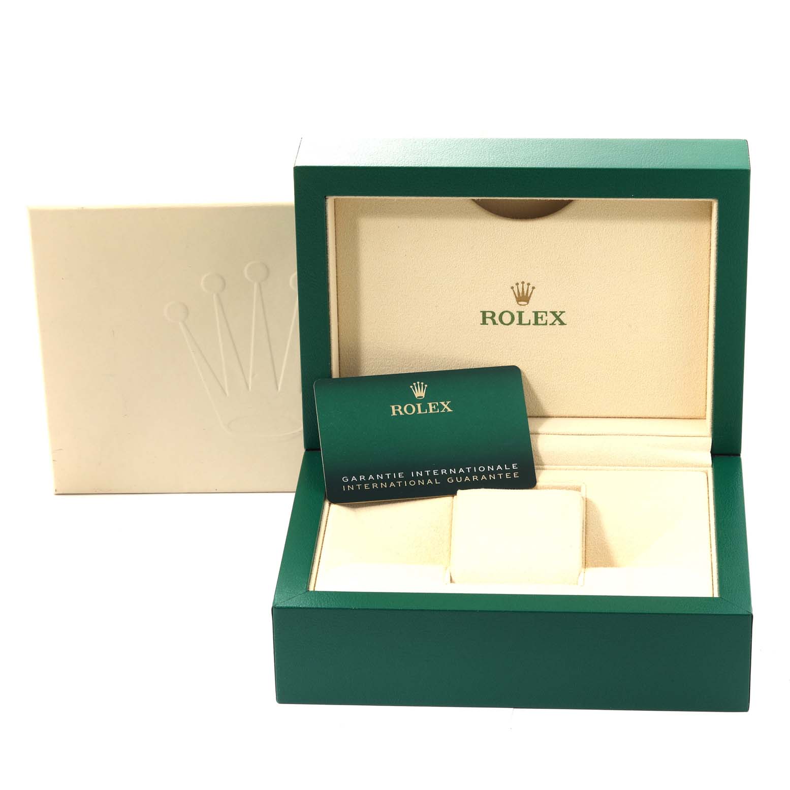 The image shows the open box and warranty card for a Rolex Sea-Dweller 126600 Men
s Stainless Steel Black Dial 126600 Men
s Stainless Steel Black Dial watch.
