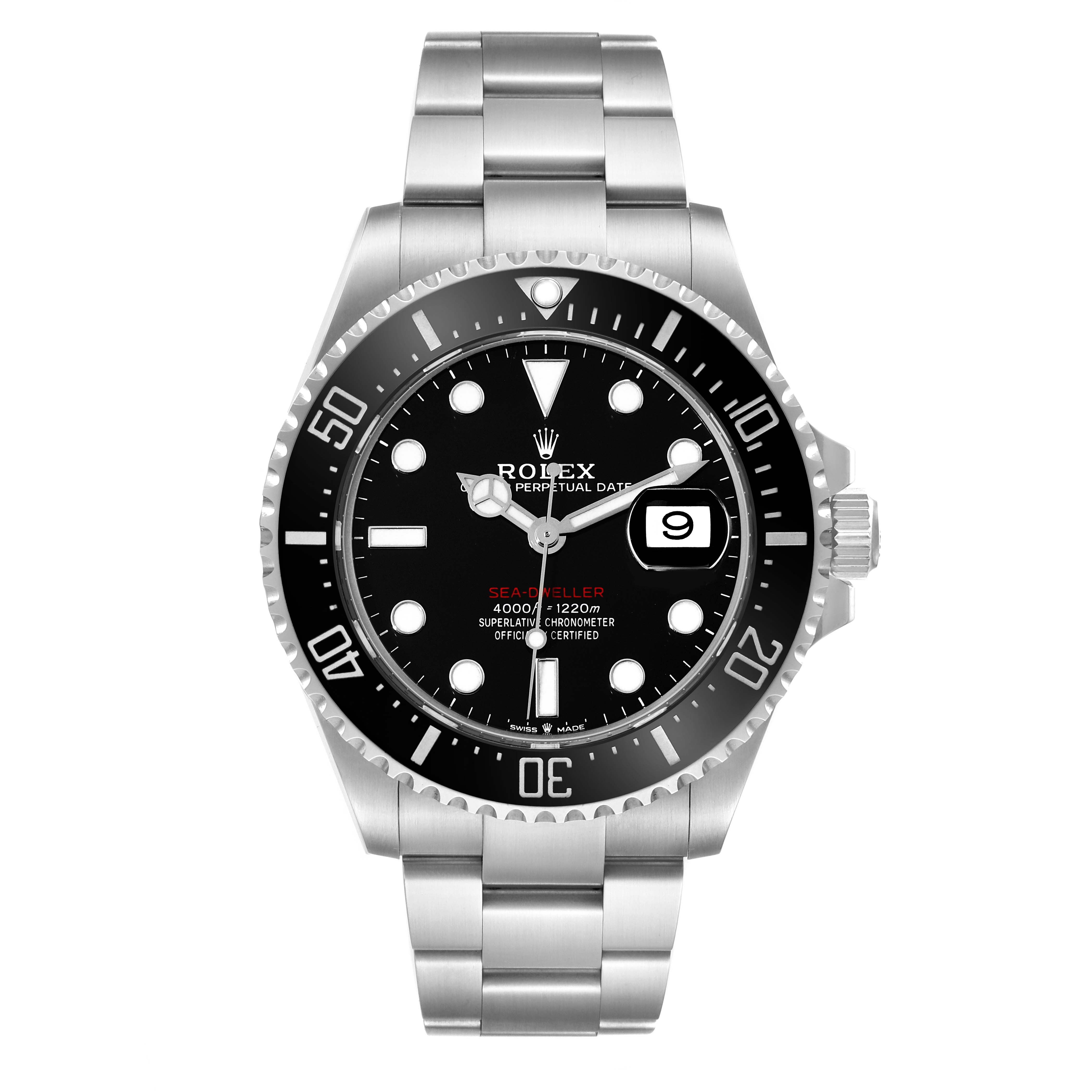 This image shows a front view of the Rolex Sea-Dweller 126600 Men
s Stainless Steel Black Dial 126600 Men
s Stainless Steel Black Dial watch, showcasing its dial, bezel, and bracelet.