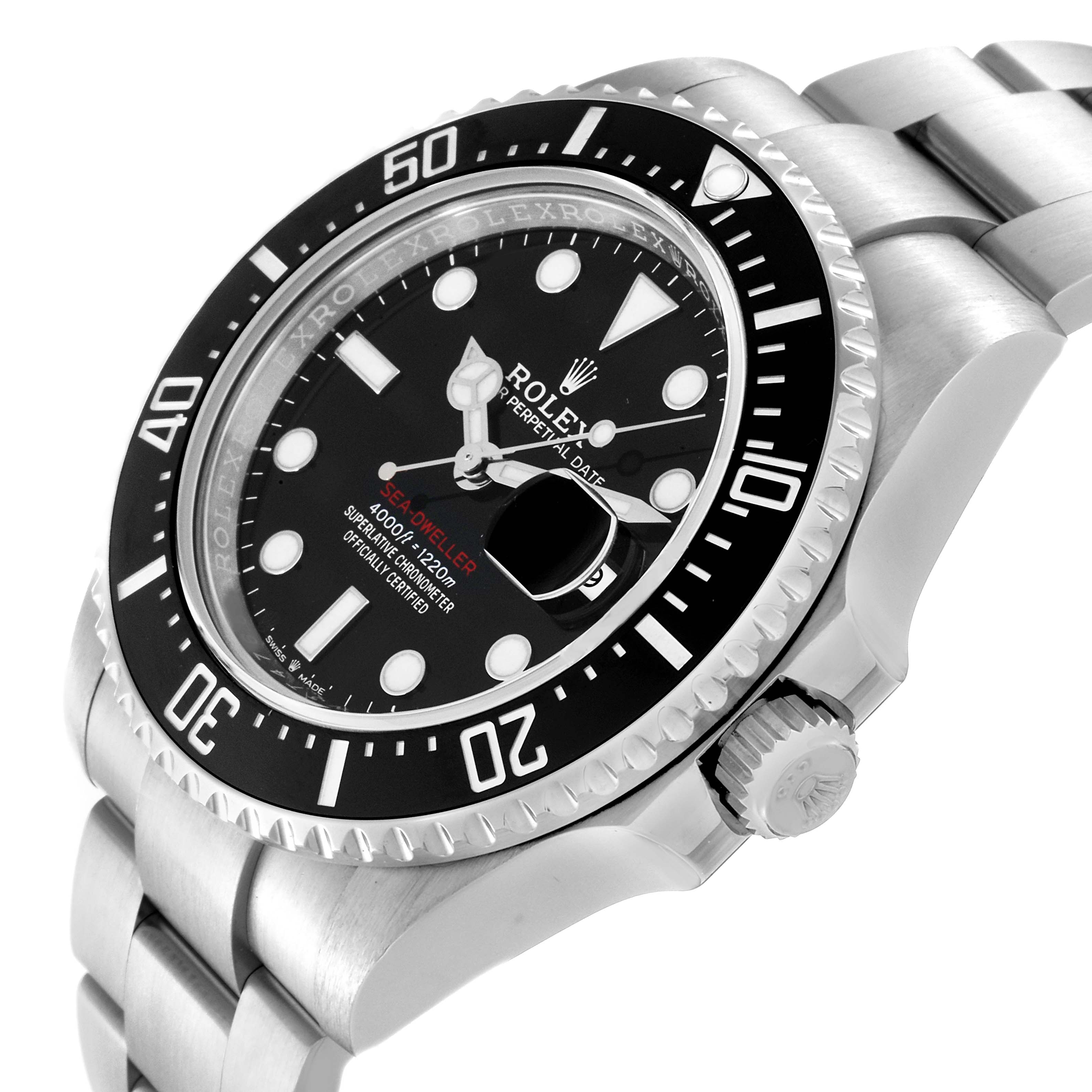 This image shows a Rolex Sea-Dweller 126600 Men
s Stainless Steel Black Dial 126600 Men
s Stainless Steel Black Dial watch at a side angle, highlighting its dial, bezel, crown, and bracelet.