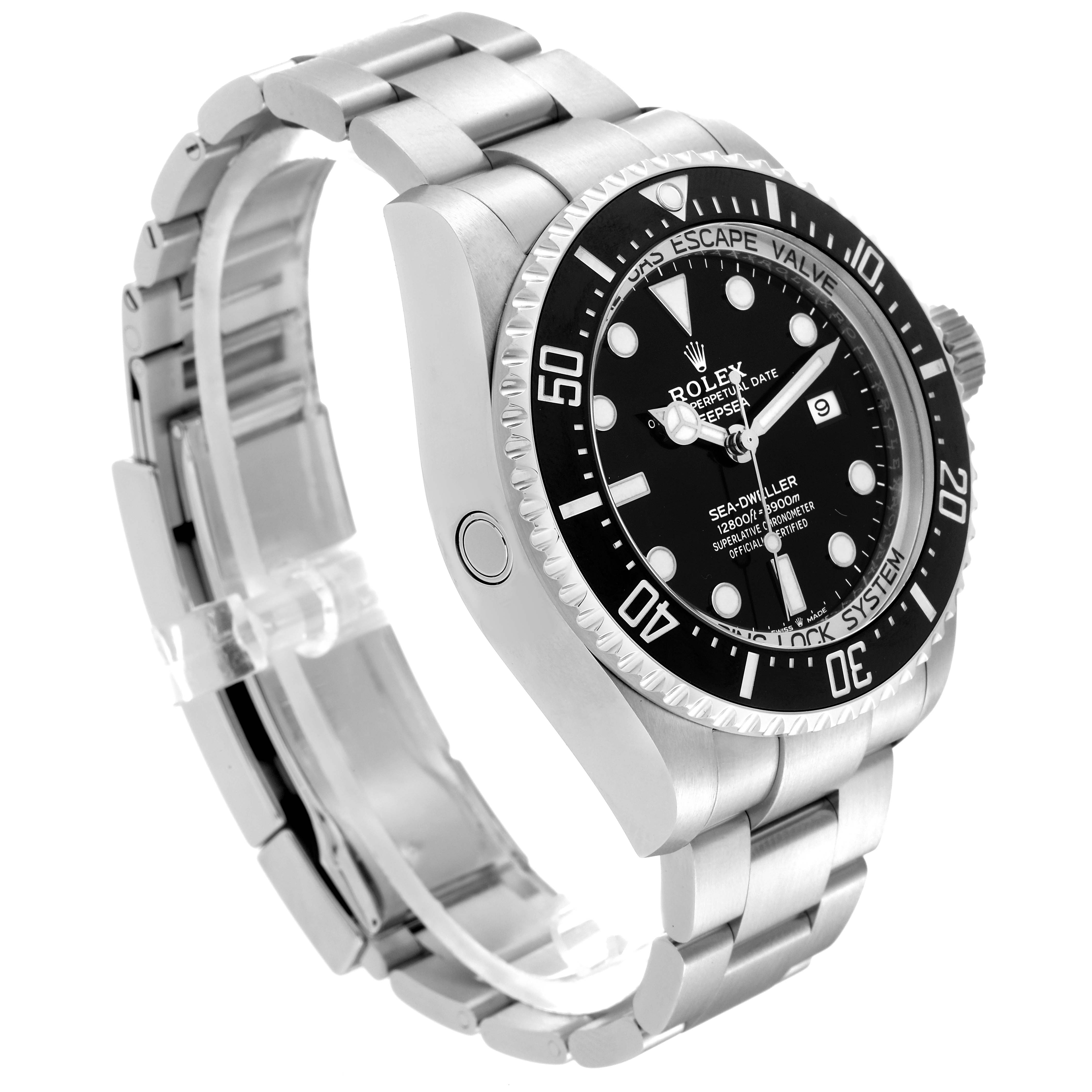 The Rolex Sea-Dweller 126660 Men
s Stainless Steel Black Dial 126660 Men
s Stainless Steel Black Dial watch is shown at an angled side view, highlighting its bezel, dial, bracelet, and helium escape valve.