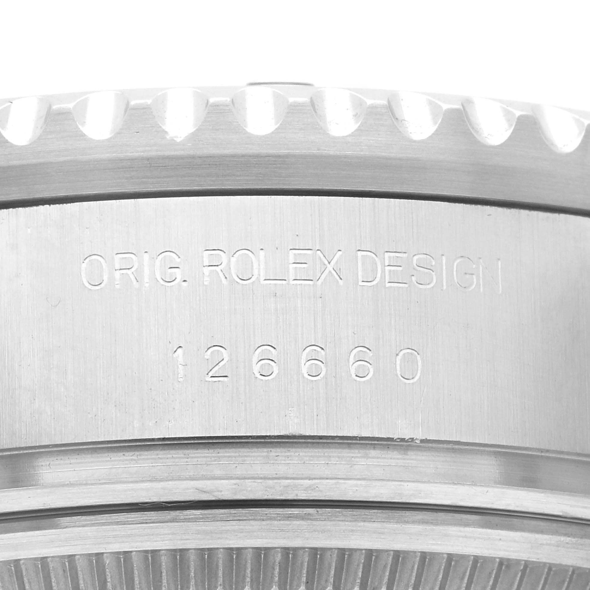 This image shows a close-up of the case side of a Rolex Sea-Dweller 126660 Men
s Stainless Steel Black Dial 126660 Men
s Stainless Steel Black Dial, revealing its model number and original Rolex design engraving.
