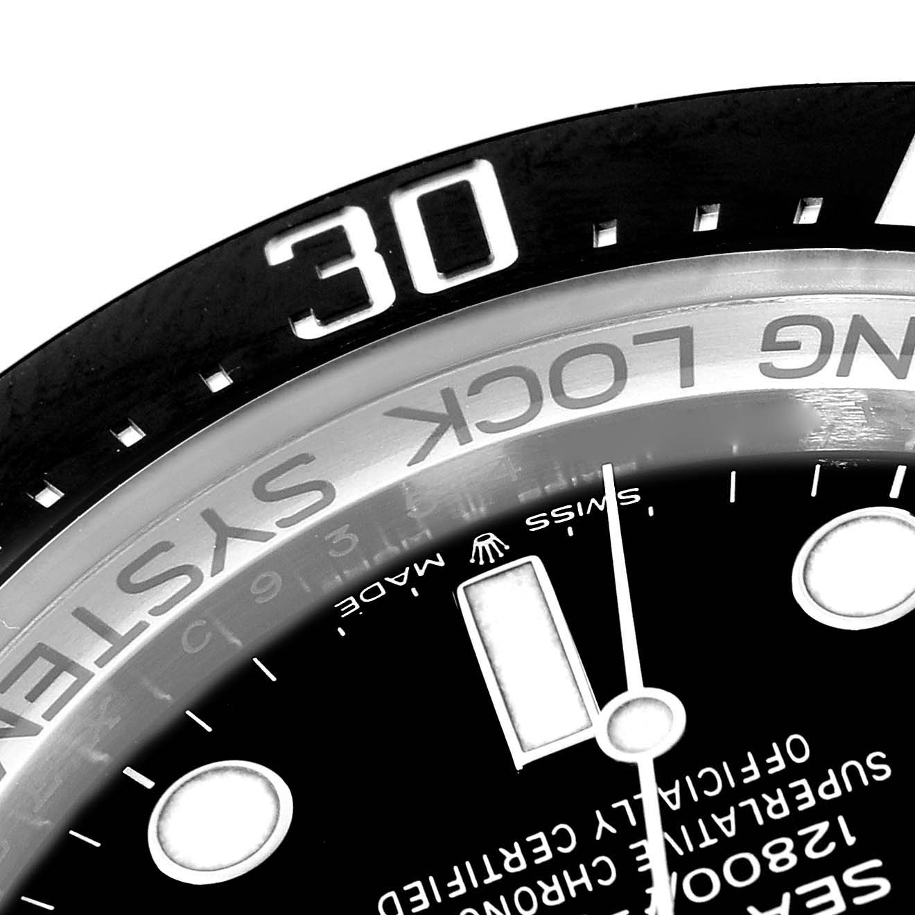 This close-up shows part of the bezel and dial of a Rolex Sea-Dweller 126660 Men
s Stainless Steel Black Dial 126660 Men
s Stainless Steel Black Dial watch, highlighting the 30-minute marker and some text.