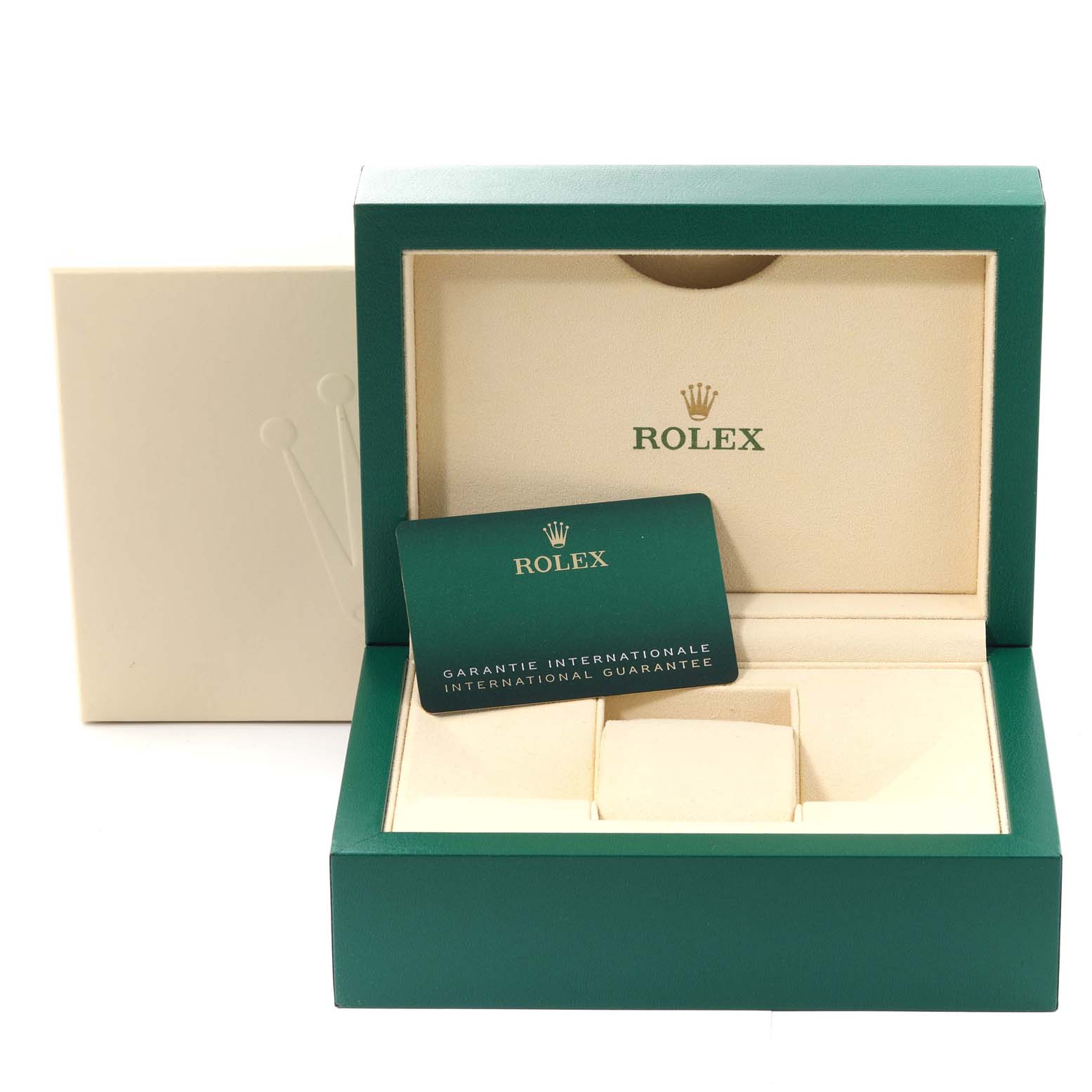 The image shows a Rolex Sea-Dweller 126660 Men
s Stainless Steel Black Dial 126660 Men
s Stainless Steel Black Dial watch box and international guarantee card, with a frontal view of the opened box.