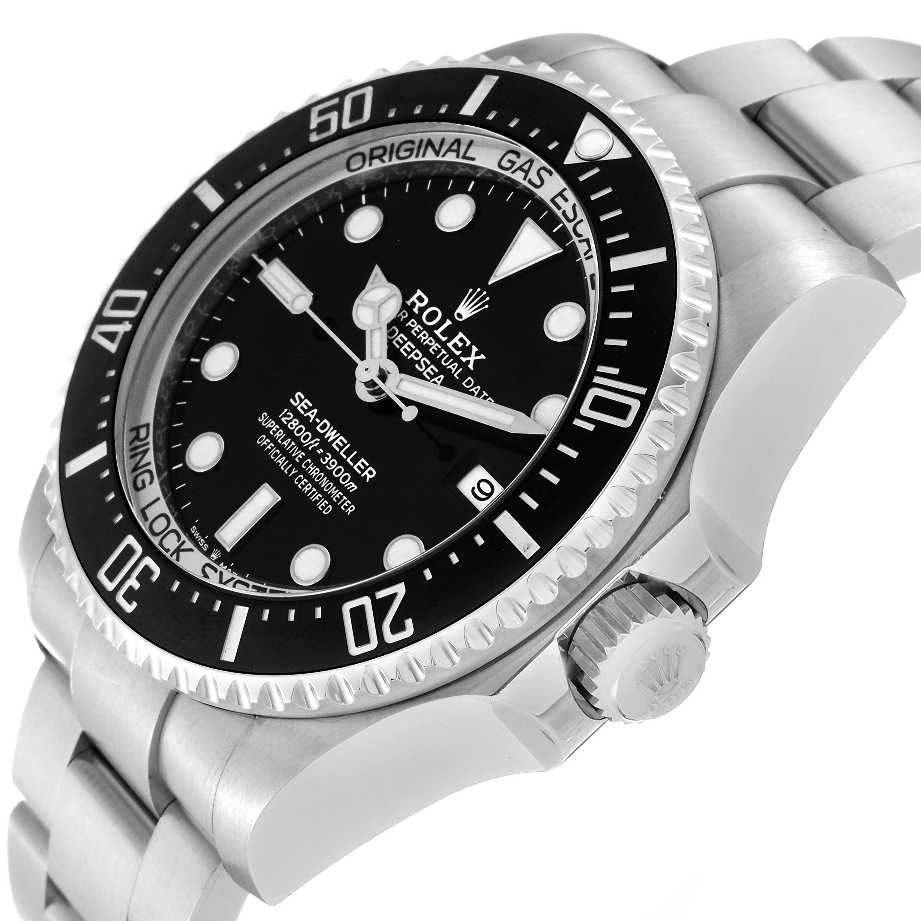 The image shows a Rolex Sea-Dweller 126660 Men
s Stainless Steel Black Dial 126660 Men
s Stainless Steel Black Dial watch from an angled side view, highlighting the dial, bezel, crown, and part of the bracelet.