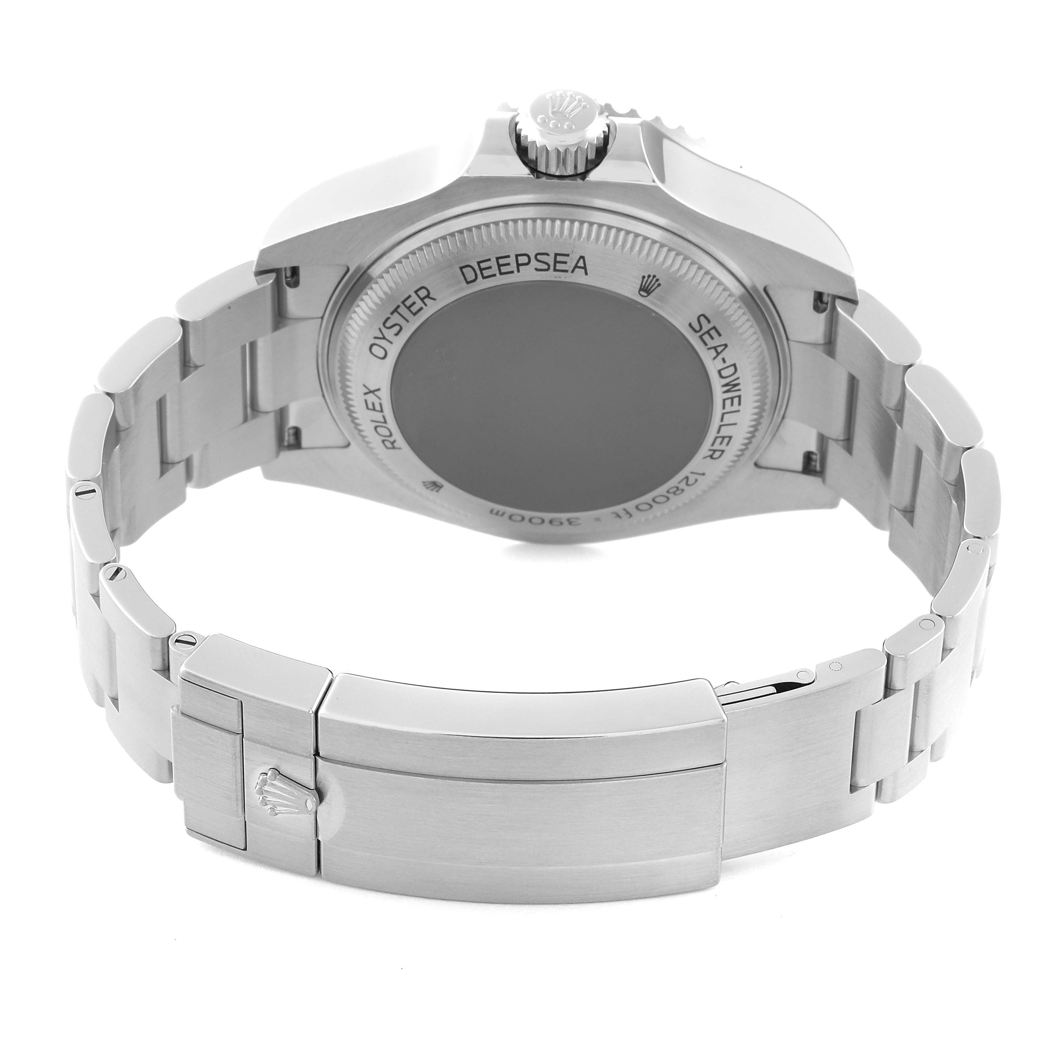 The image shows the back case and bracelet of a Rolex Sea-Dweller 126660 Men
s Stainless Steel Black Dial 126660 Men
s Stainless Steel Black Dial watch, highlighting the "Oyster Deepsea" inscription.