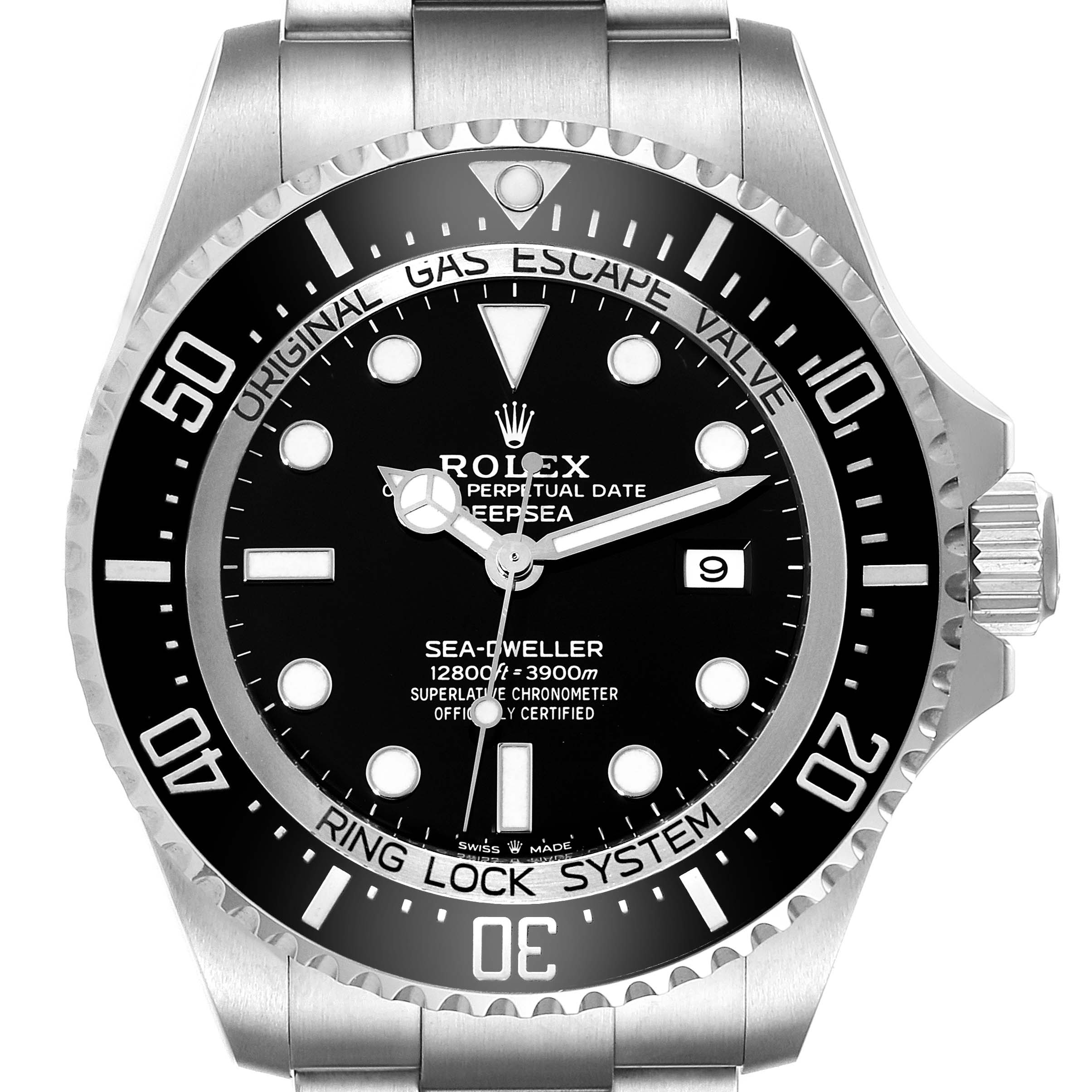 The image shows a front view of the Rolex Sea-Dweller 126660 Men
s Stainless Steel Black Dial 126660 Men
s Stainless Steel Black Dial watch, highlighting the bezel, dial, and hands.