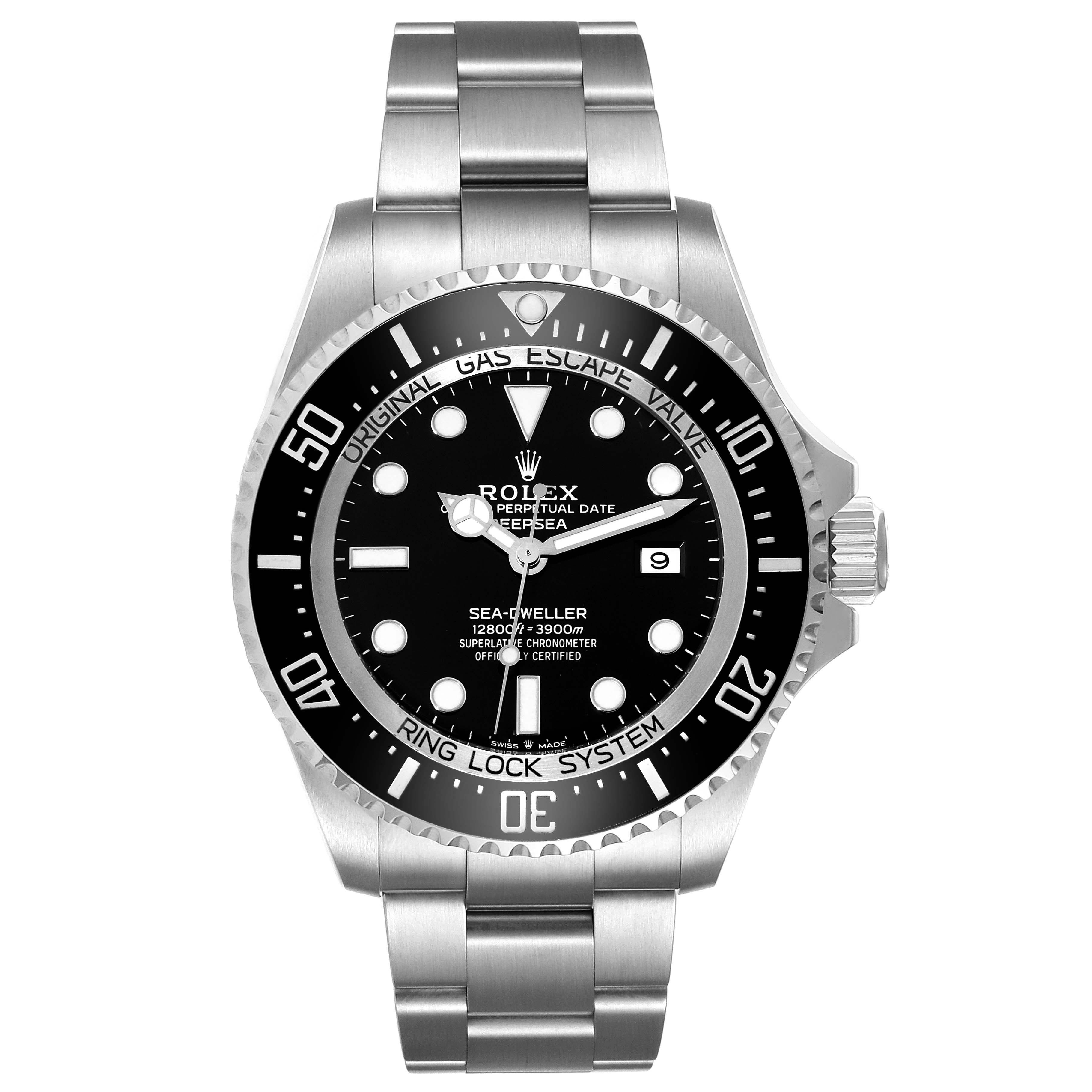 The image shows a front view of a Rolex Sea-Dweller 126660 Men
s Stainless Steel Black Dial 126660 Men
s Stainless Steel Black Dial watch displaying its dial, bezel, and bracelet.
