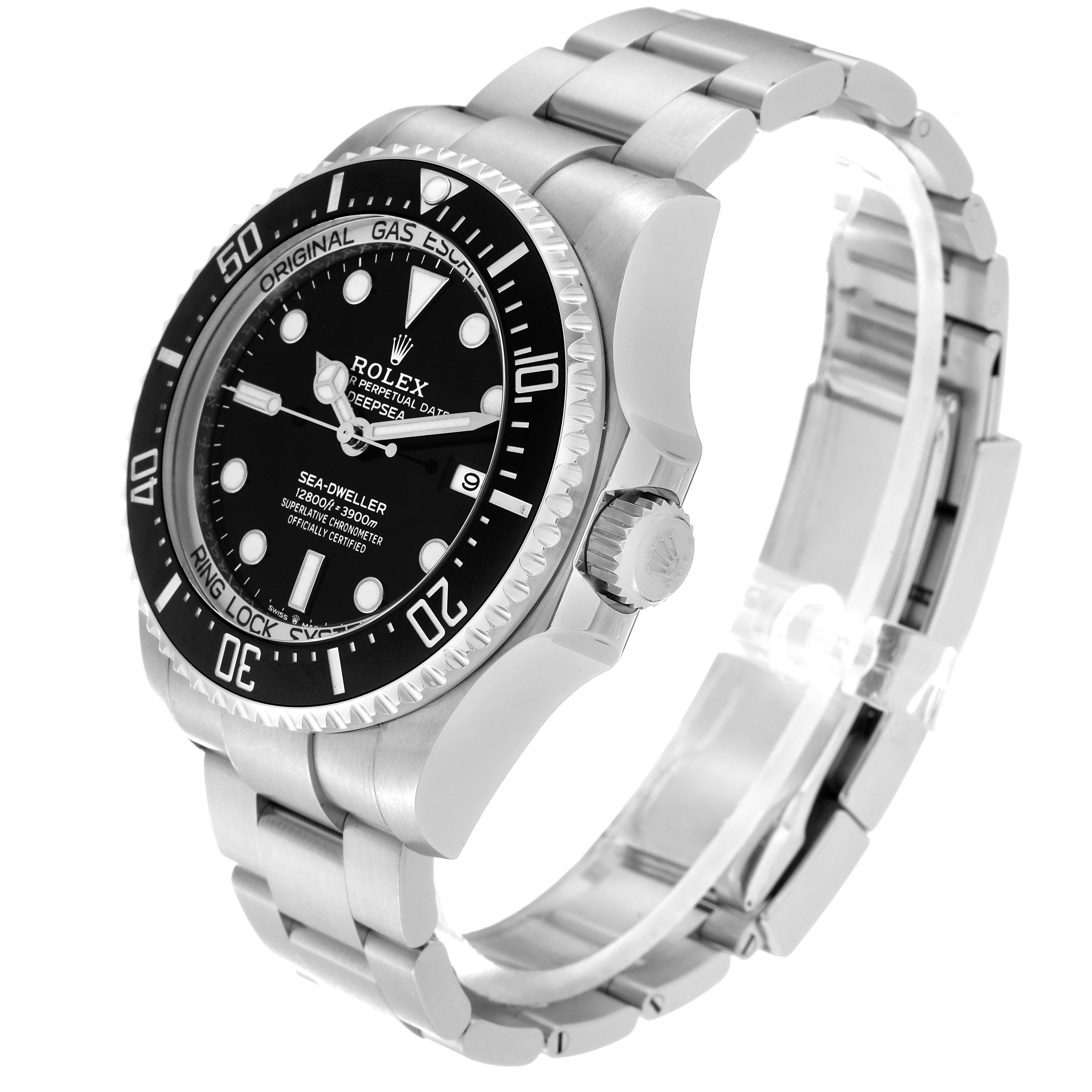 The image shows a Rolex Sea-Dweller 126660 Men
s Stainless Steel Black Dial 126660 Men
s Stainless Steel Black Dial watch at a side angle, highlighting its bezel, dial, crown, and bracelet.