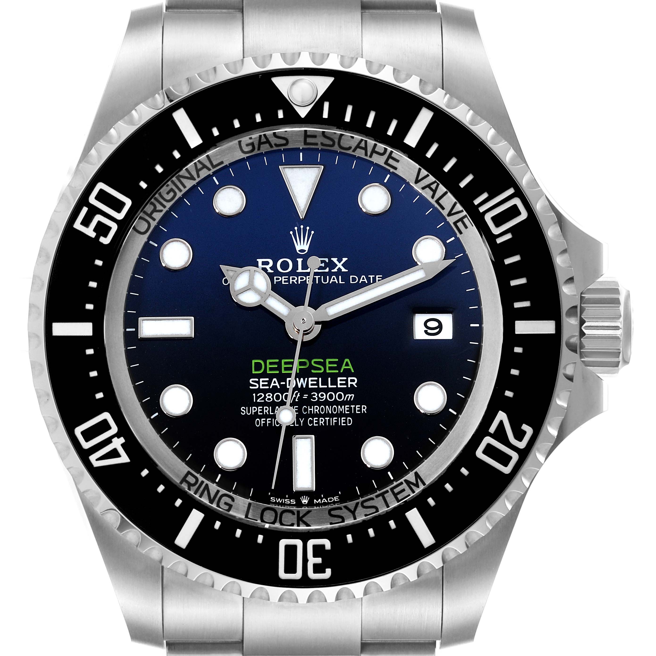 The image shows a front view of a Rolex Sea-Dweller 136660 Men
s Stainless Steel Black Dial 136660 Men
s Stainless Steel Black Dial watch, highlighting the dial, bezel, and part of the bracelet.