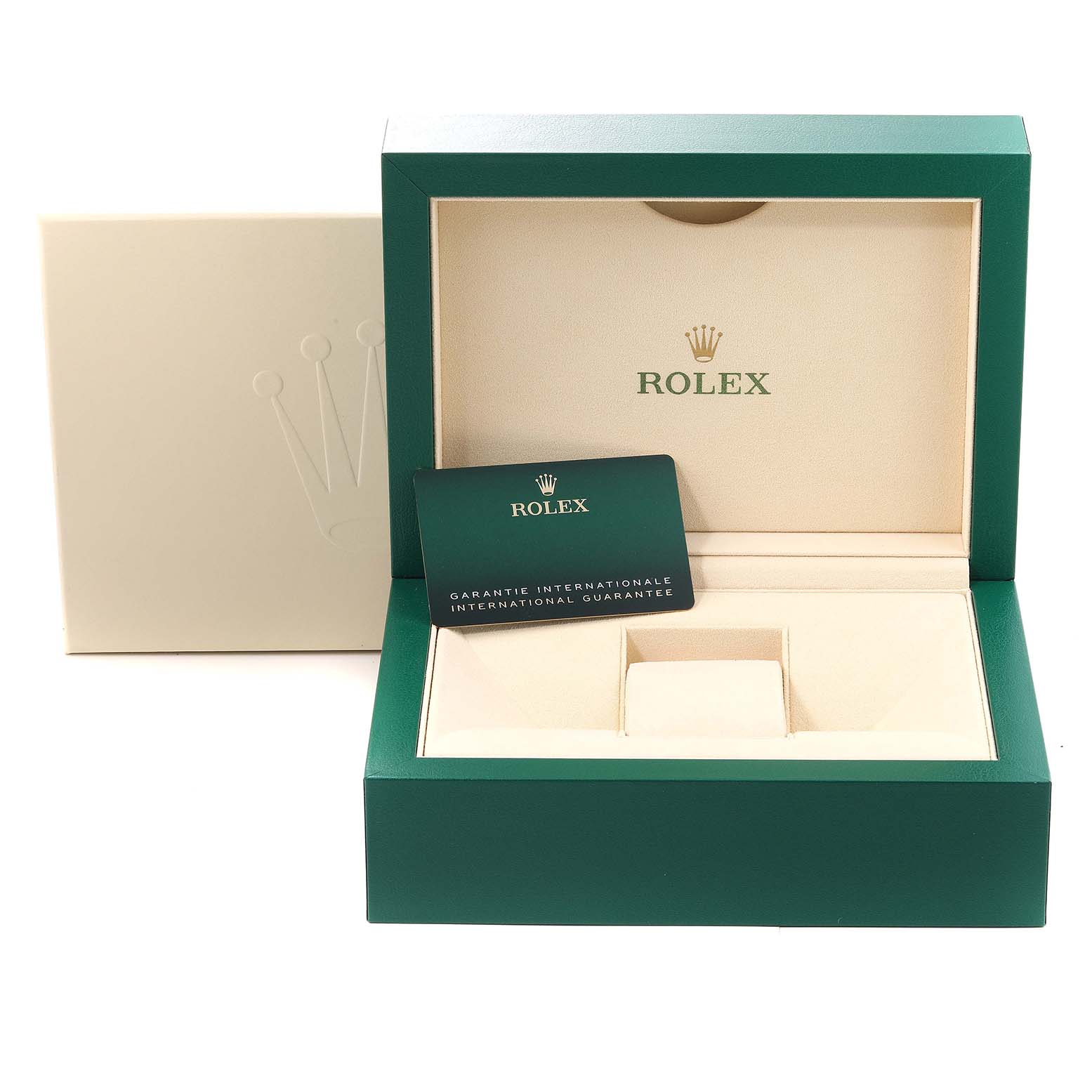 The image shows a Rolex Sea-Dweller 136660 Men
s Stainless Steel Black Dial 136660 Men
s Stainless Steel Black Dial watch box and international guarantee card, with the box open and empty.