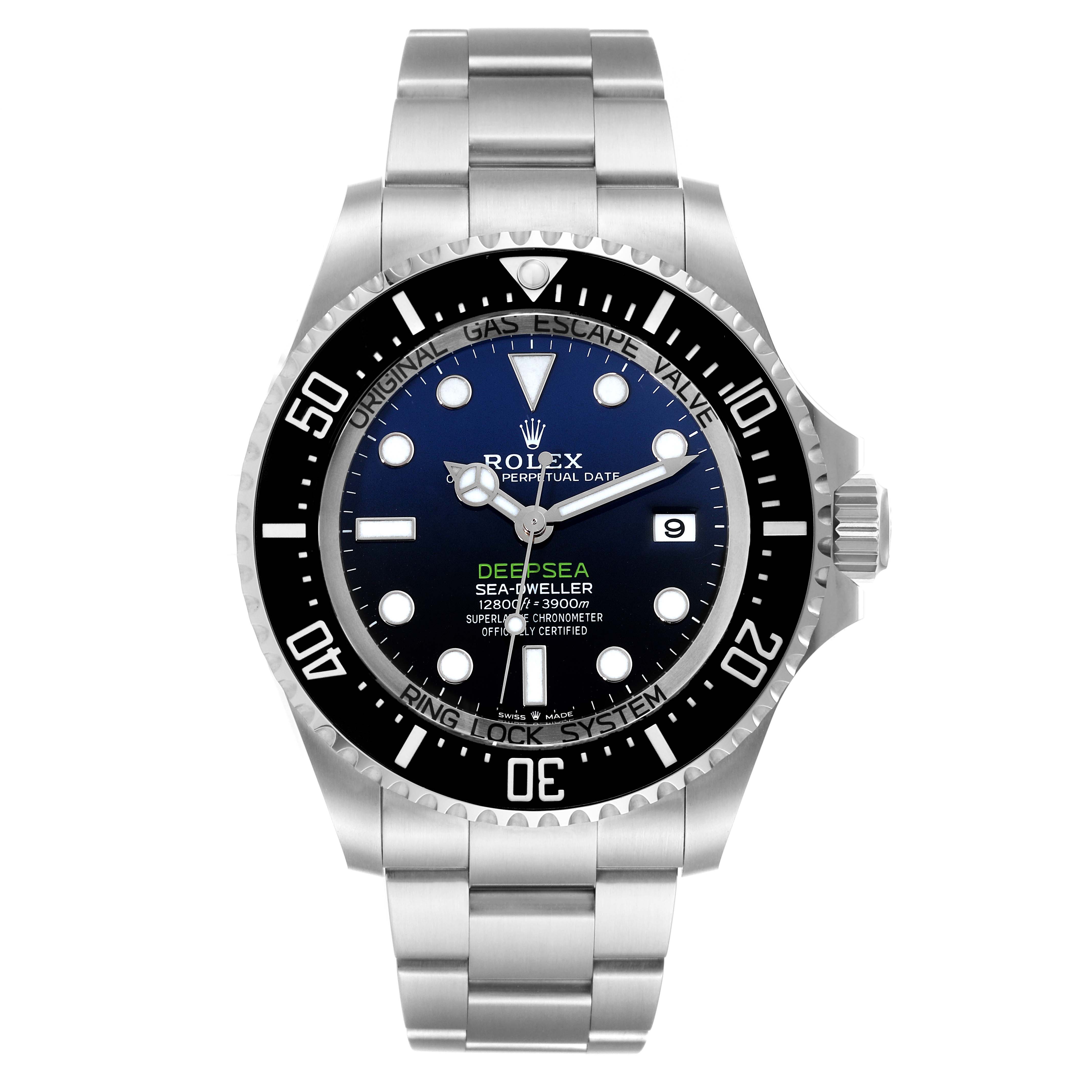 This image shows a front view of the Rolex Sea-Dweller 136660 Men
s Stainless Steel Black Dial 136660 Men
s Stainless Steel Black Dial watch including the bezel, dial, hands, bracelet, and crown.