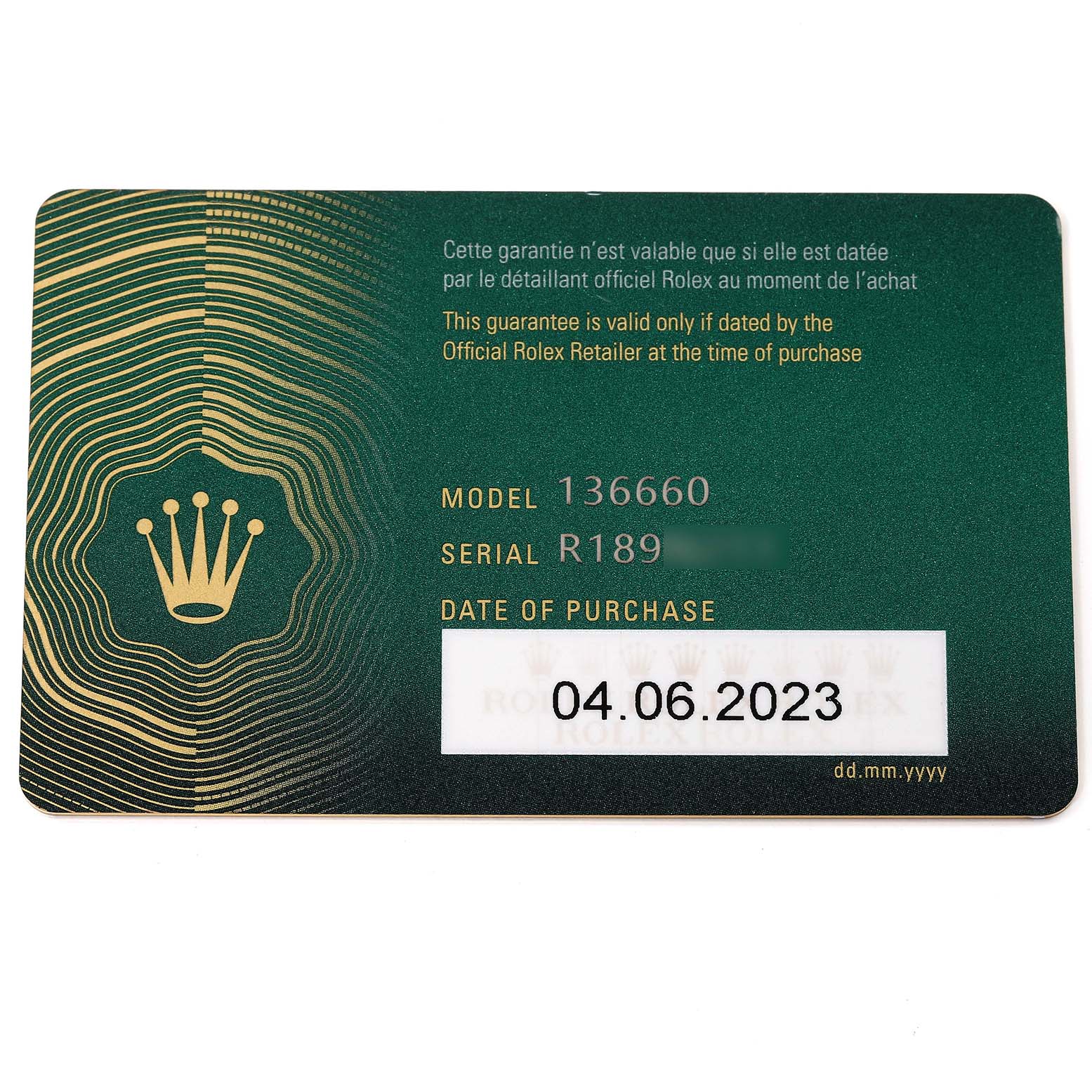 The image shows a warranty card for the Rolex Sea-Dweller 136660 Men
s Stainless Steel Black Dial 136660 Men
s Stainless Steel Black Dial model 136660, detailing model, serial number, and purchase date.
