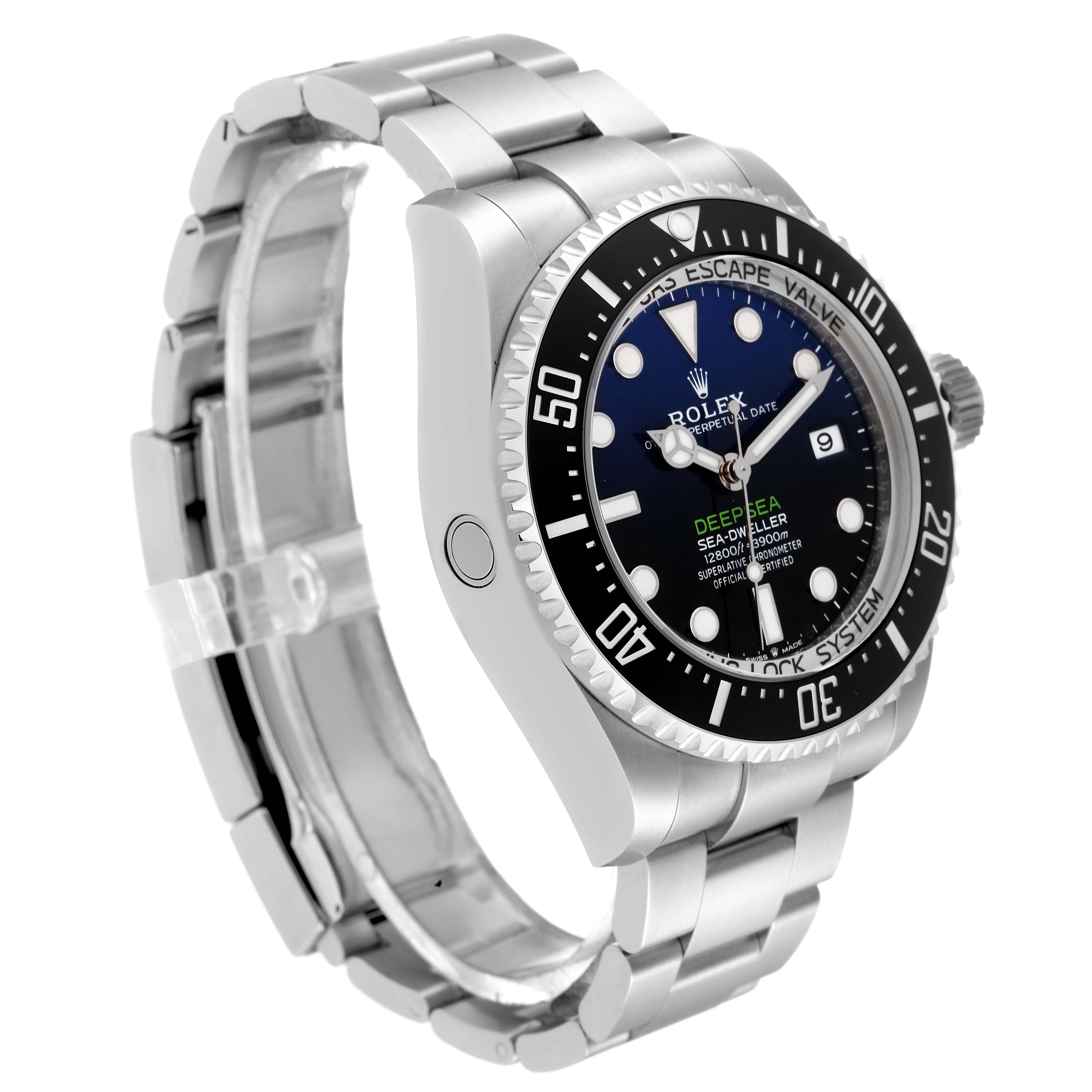 This Rolex Sea-Dweller 136660 Men
s Stainless Steel Black Dial 136660 Men
s Stainless Steel Black Dial watch is shown from an angled side view, displaying the case, bezel, bracelet, and part of the dial.