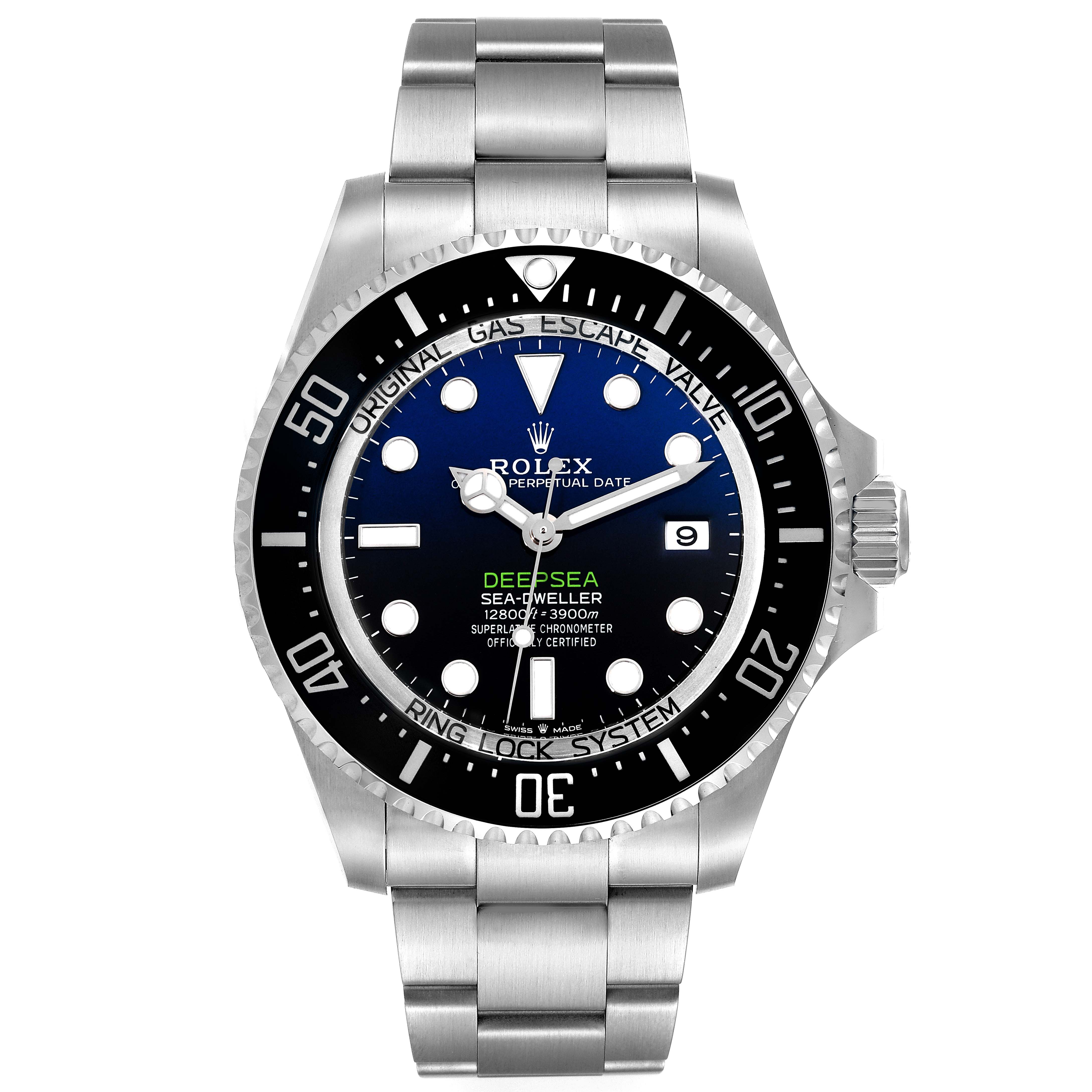 The image shows a front view of the Rolex Sea-Dweller 136660 Men
s Stainless Steel Black Dial 136660 Men
s Stainless Steel Black Dial model, displaying its dial, bezel, and stainless steel bracelet.
