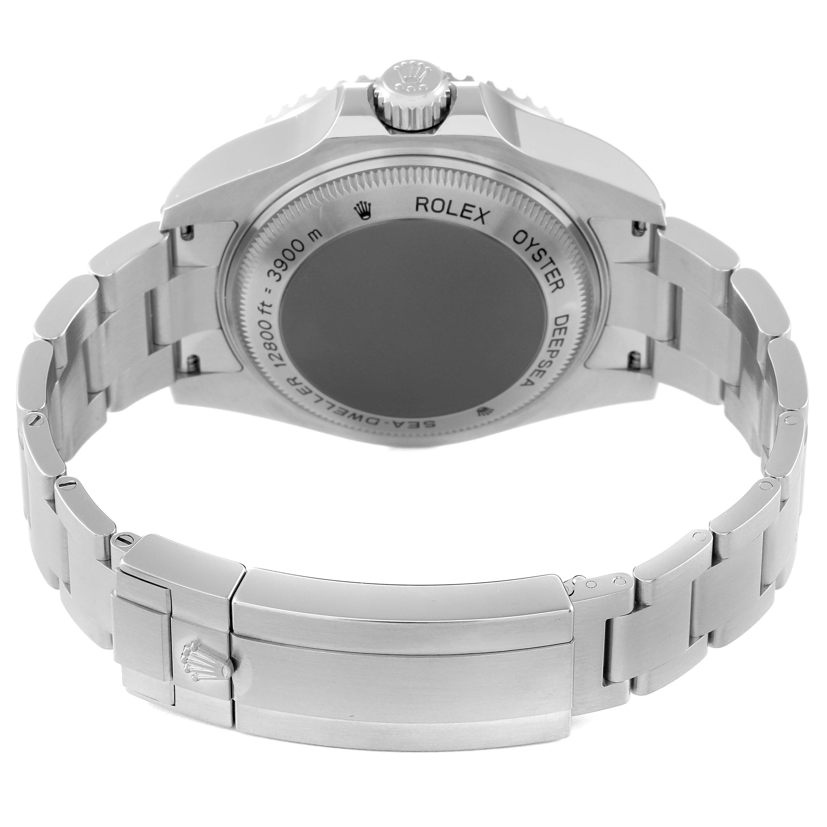 The image shows the back view of a Rolex Sea-Dweller 116660 Men
s Stainless Steel Black Dial 116660 Men
s Stainless Steel Black Dial watch, highlighting its case back, bracelet, and clasp.