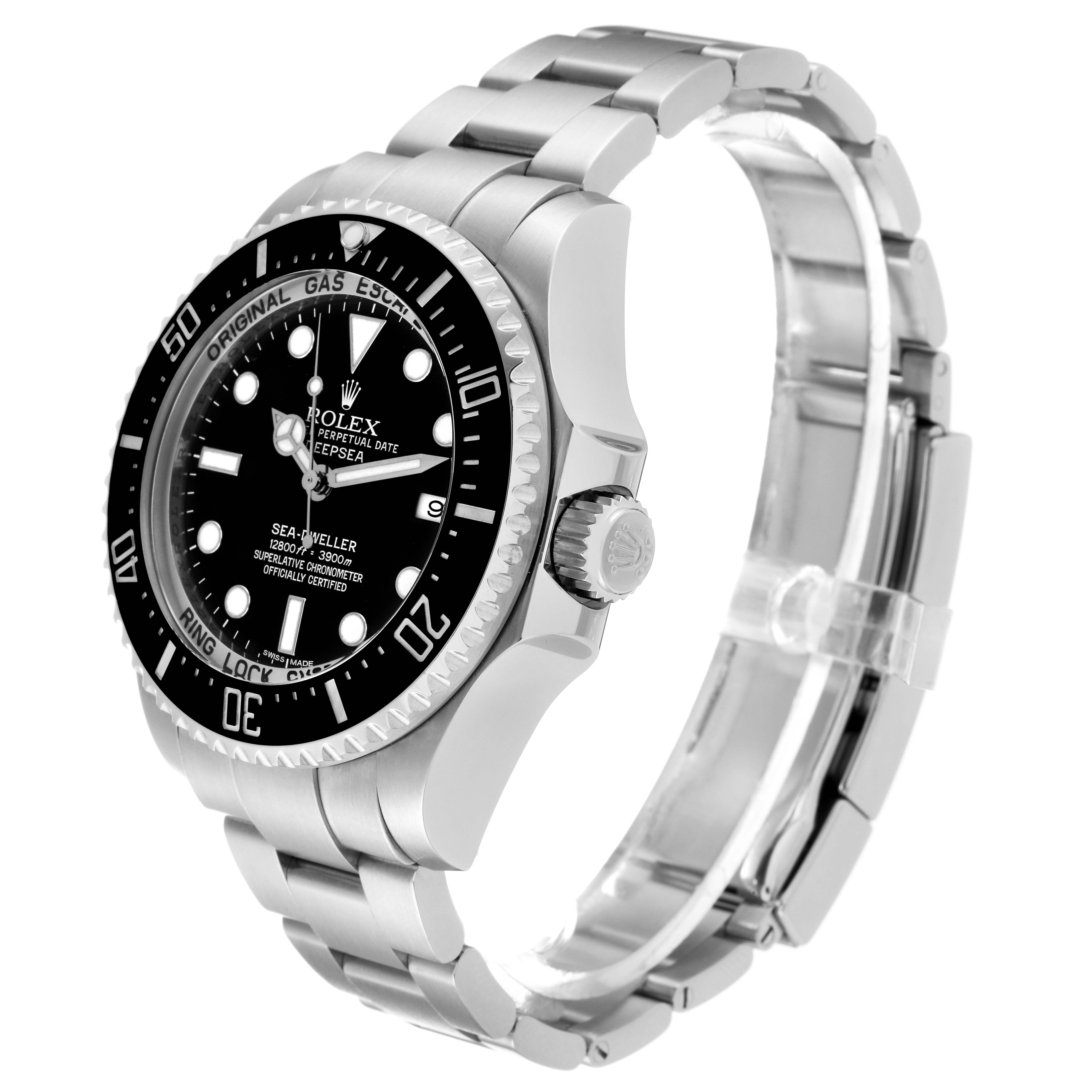The Rolex Sea-Dweller 116660 Men
s Stainless Steel Black Dial 116660 Men
s Stainless Steel Black Dial watch is shown at an angled side view, displaying the dial, bezel, crown, and bracelet.