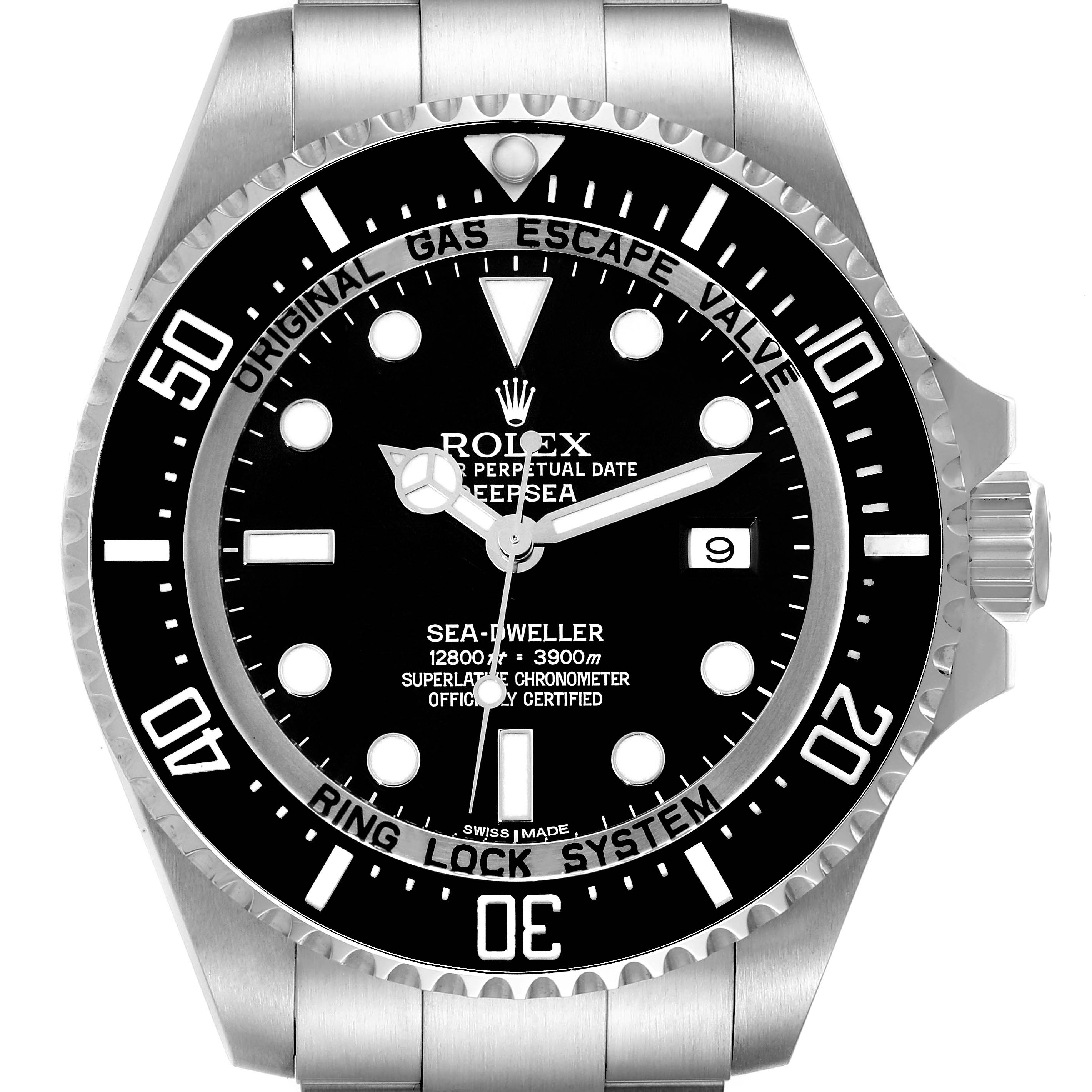 The image shows a front view of the Rolex Sea-Dweller 116660 Men
s Stainless Steel Black Dial 116660 Men
s Stainless Steel Black Dial watch, highlighting the bezel, dial, hands, and bracelet.