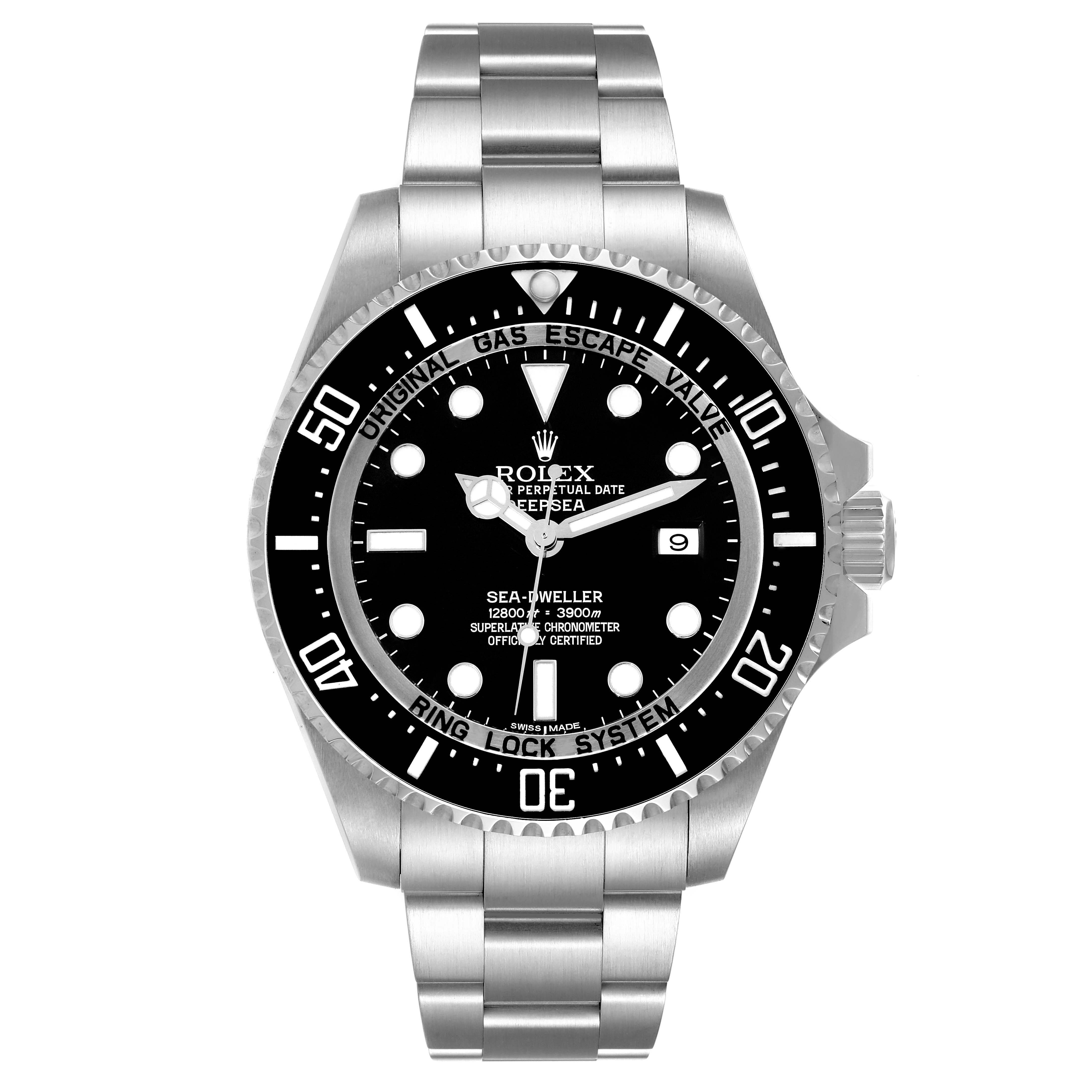 The Rolex Sea-Dweller 116660 Men
s Stainless Steel Black Dial 116660 Men
s Stainless Steel Black Dial watch is shown from a front angle, highlighting the dial, bezel, and bracelet.