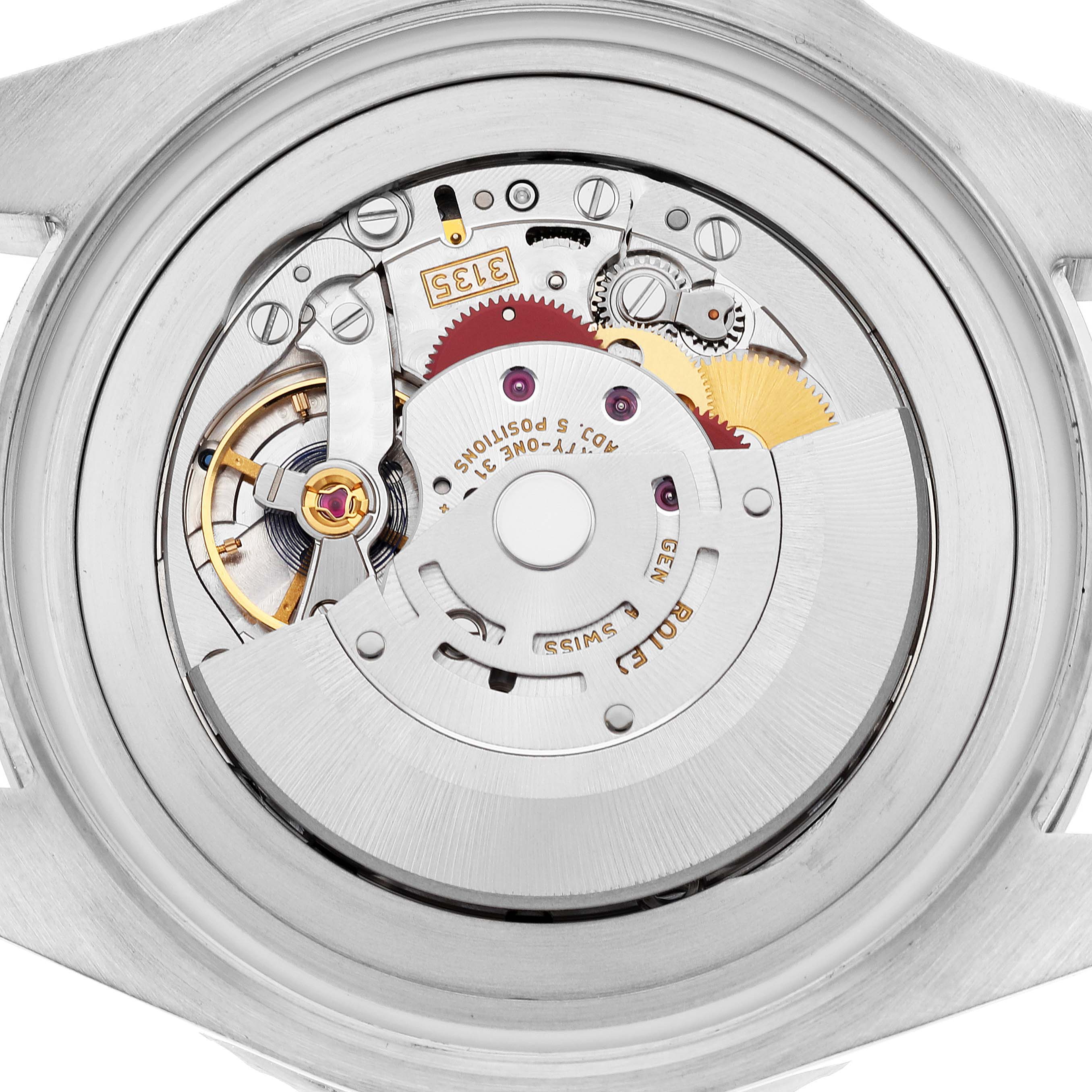 This close-up image shows the intricate internal mechanics of the Rolex Sea-Dweller 116660 Men
s Stainless Steel Black Dial 116660 Men
s Stainless Steel Black Dial watch, highlighting its movement.