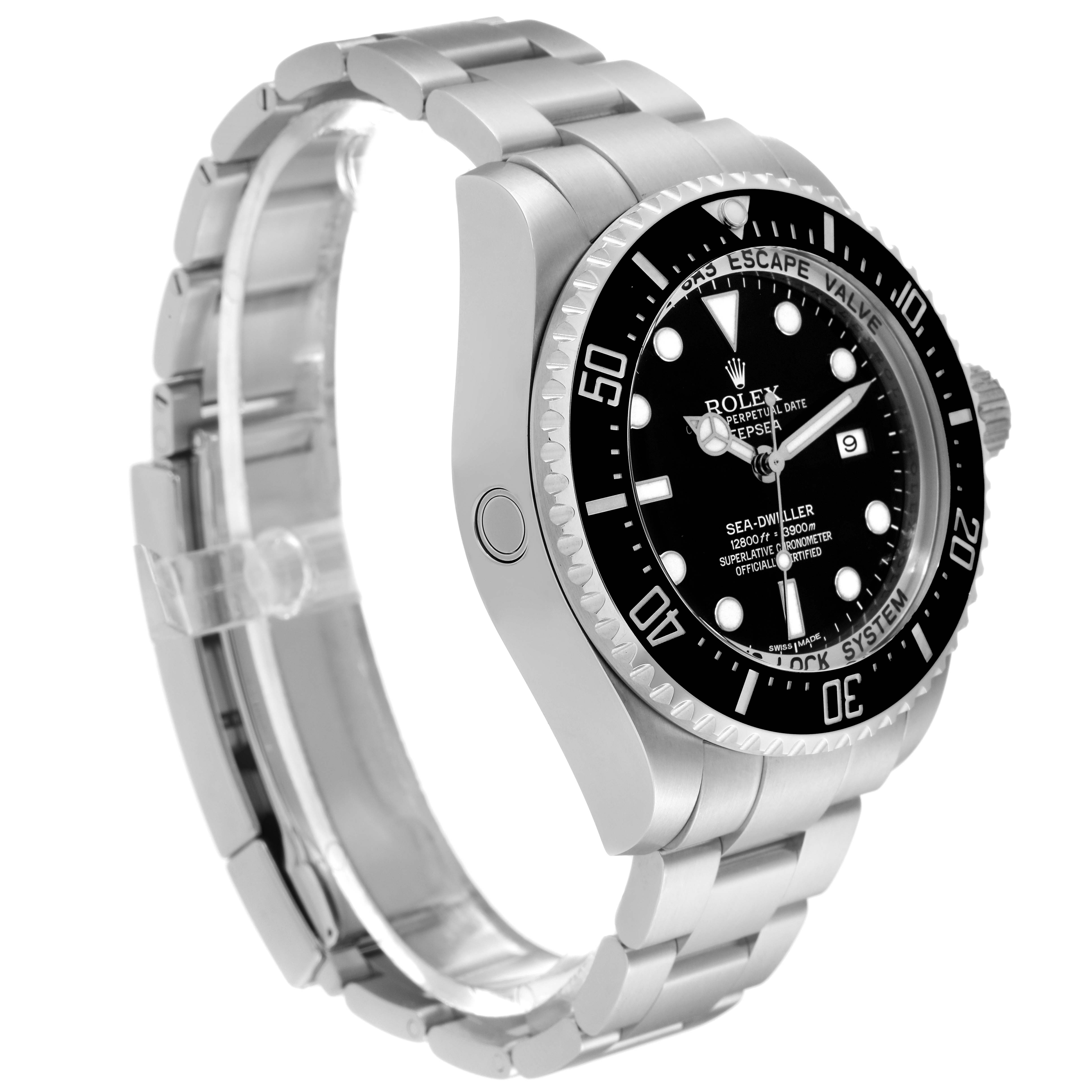 This image shows a Rolex Sea-Dweller 116660 Men
s Stainless Steel Black Dial 116660 Men
s Stainless Steel Black Dial watch angled to display its bracelet, bezel, and dial.