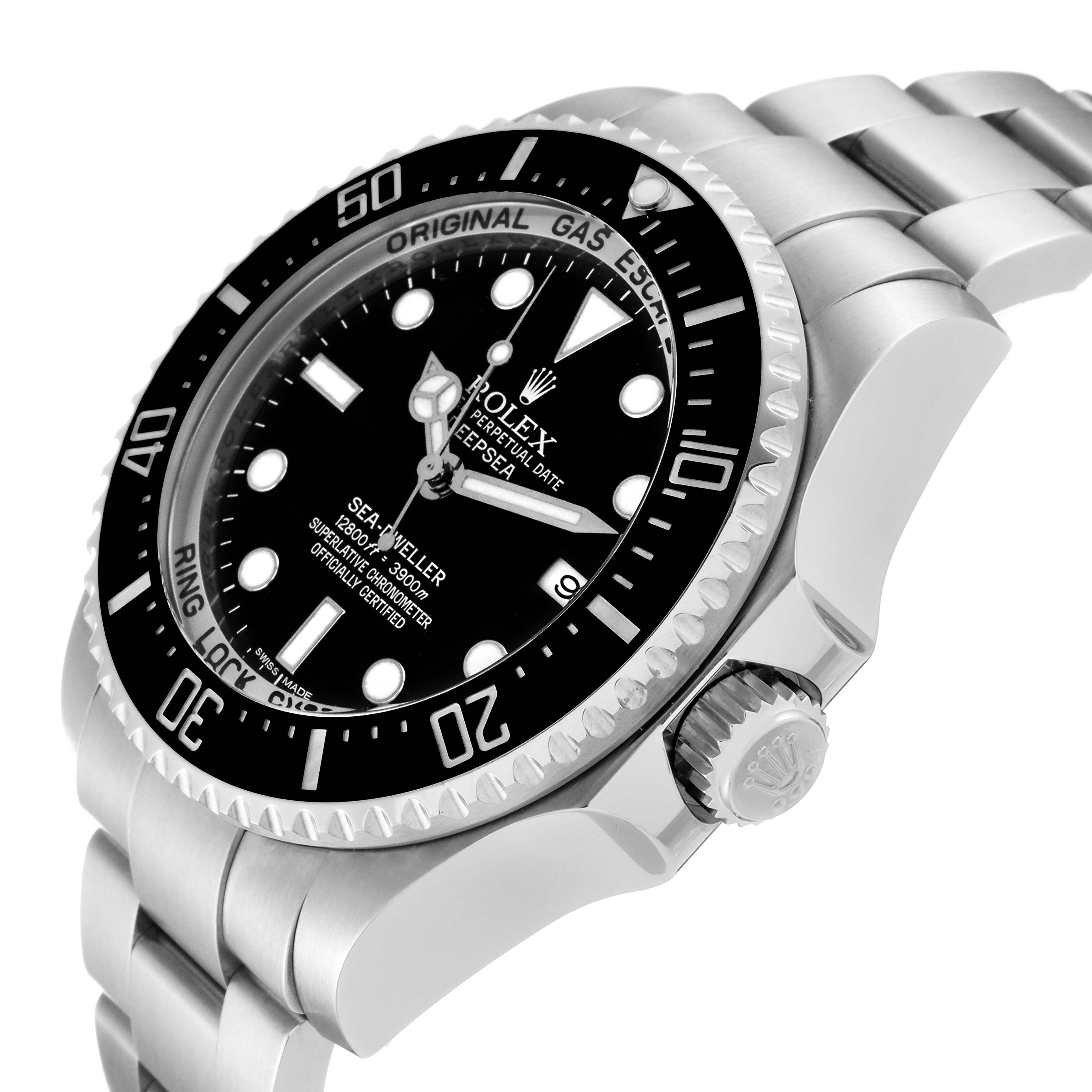 The image shows a side angle of the Rolex Sea-Dweller 116660 Men
s Stainless Steel Black Dial 116660 Men
s Stainless Steel Black Dial watch, highlighting its bezel, dial, crown, and part of the bracelet.