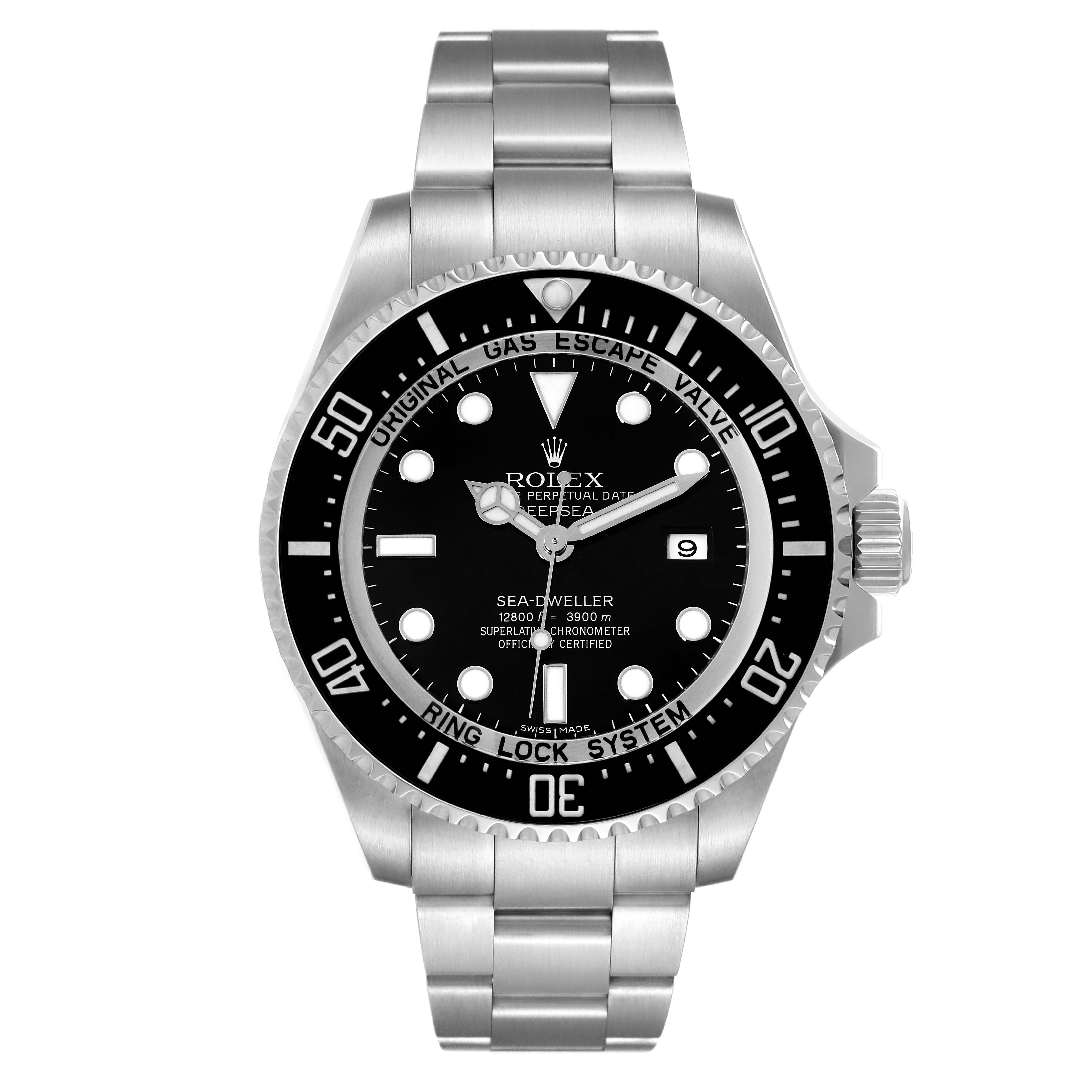 This Rolex Sea-Dweller 116660 Men
s Stainless Steel Black Dial 116660 Men
s Stainless Steel Black Dial watch is shown from a front angle, highlighting its face, bezel, dial, crown, and bracelet.