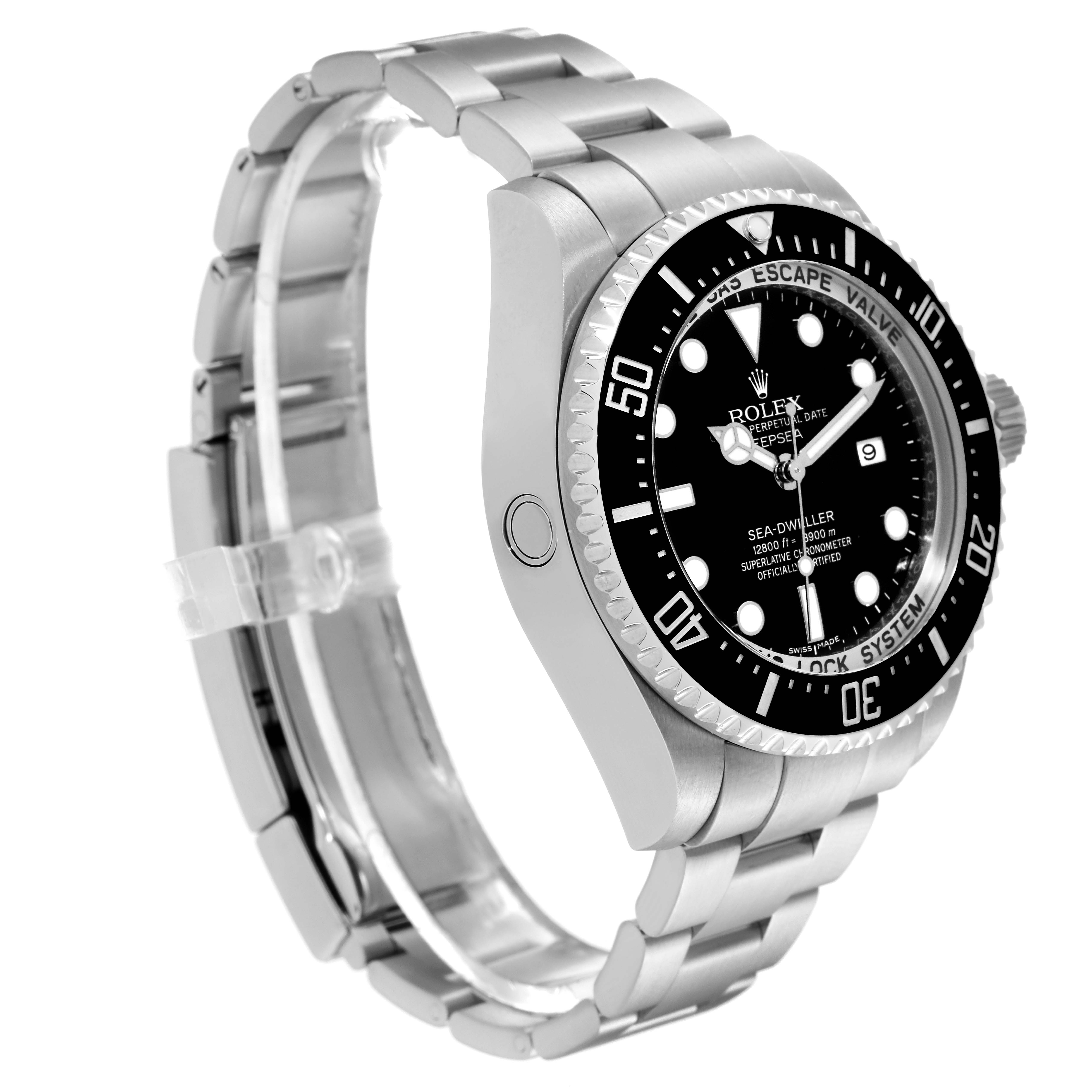 The image shows a side-angle view of the Rolex Sea-Dweller 116660 Men
s Stainless Steel Black Dial 116660 Men
s Stainless Steel Black Dial watch, highlighting the bracelet, bezel, and face.